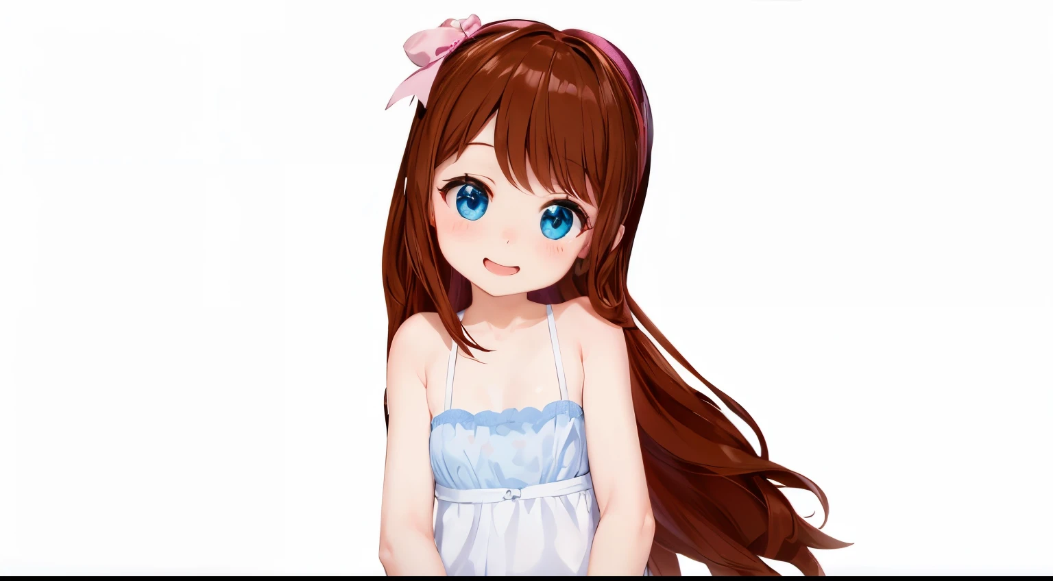 , blue eyes, one pink bow on side of hair, reddish brown, long hair, looking at viewer, cute, , white dress, girly, windy hair, light blush, smile, bangs, bsurdres, high res, ultrasharp, 8K, masterpiece,