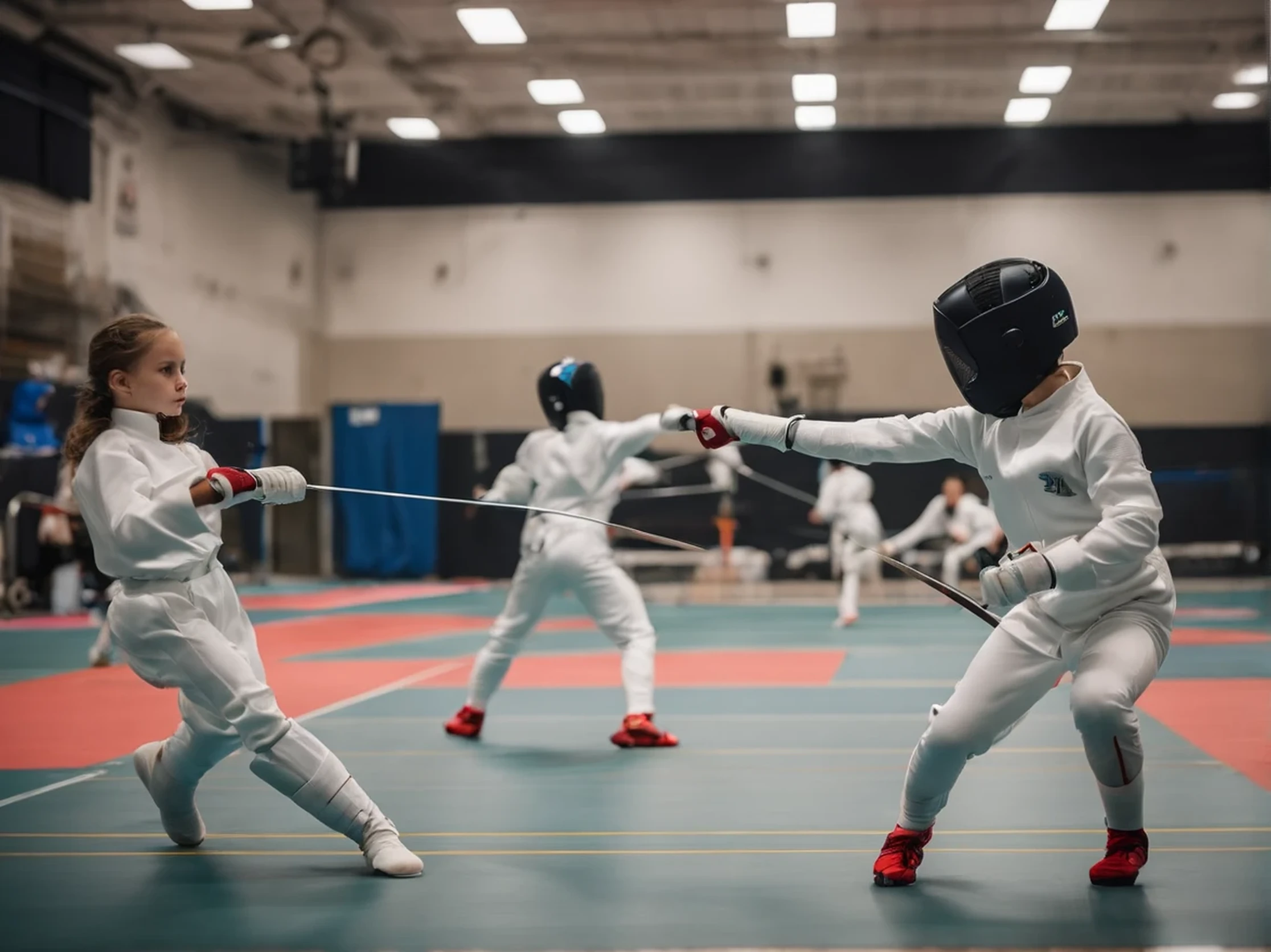/Image prompts: Color photo of a modern fencing training hall, trainers指导孩子们集中精力进行训练, Color photos of agile and precise movements depicting a modern fencing training hall，Full of energy and enthusiasm of young athletes. in the center of the frame, trainers自信地站着, Provide guidance and guidance to children who are engrossed in training. The children showed extraordinary focus and dedication as they diligently practiced their fencing techniques. Their movements are quick and precise, 体现了他们对掌握这项优雅且具有stratagem意义的运动的. every lunge, parry, Impressive counter-attacking skill and agility. trainers, vigilantly, impart wisdom and expertise, Provide formal guidance, stratagem, And technology. Their presence is reassuring, Instilling confidence in young fencers and inspiring them to push their limits. Training facilities designed to optimize athlete performance, Plenty of space for footwork exercises and maneuvers. The stylish and modern architecture of the lobby enhances the ambience, Create an environment that fosters focus and determination. accurate、capture clearly, Photo shows the fluidity and grace of fencer&#39;s movements. Vibrant colors, Capture the intensity and energy of a scene. The lighting is carefully balanced, 突出运动员的决心和trainers的专业知识. Camera model: Canon EOS 5D Mark IV Film Type: Digital lenses: Canon EF 70-200mm f/2.8L IS III USM Technology: Capture fast motion with faster shutter speeds, Emphasize athlete focus and determination—c 10 —ar 2:3