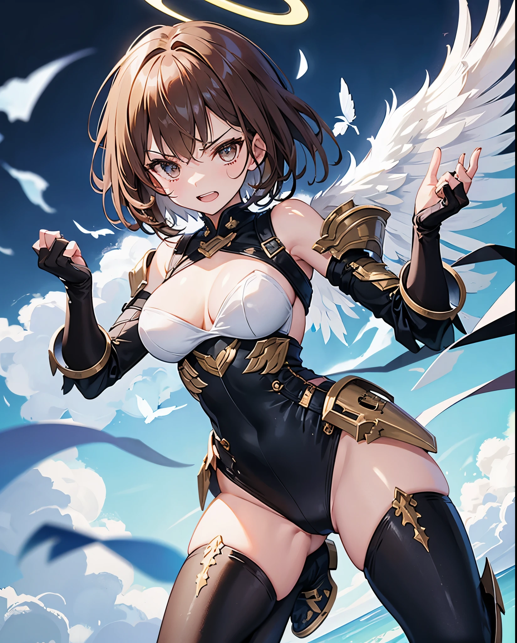 fantasy, 1angel_girl,, ,brown_hair, medium_bob_hair, long_bangs, halo,bare_shoulder,thighhighs,silver_armor, waist_armor, large_breasts,angry,grinning,open_mouth_teeth, 1pair_wings, dynamic_pose_fighting,floating, bare_crotch, headgear,gauntlet, greaves,city_sky_background,slightly_spread_legs, solo, groin_naked,