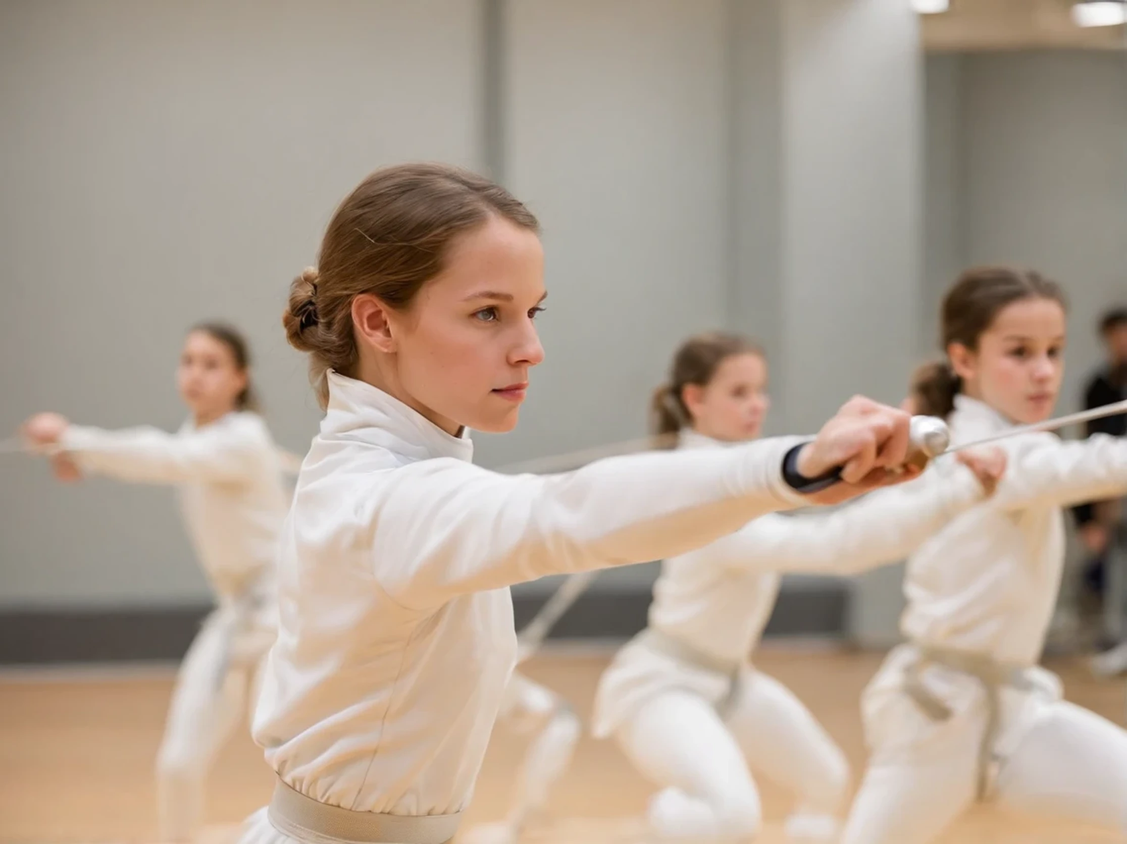 /Image prompts: Color photo of a modern fencing training hall, trainers指导孩子们集中精力进行训练, Color photos of agile and precise movements depicting a modern fencing training hall,Full of energy and enthusiasm of young athletes. in the center of the frame, trainers自信地站着, Provide guidance and guidance to children who are engrossed in training. The children showed extraordinary focus and dedication as they diligently practiced their fencing techniques. Their movements are quick and precise, 体现了他们对掌握这项优雅且具有stratagem意义的运动的. every lunge, parry, Impressive counter-attacking skill and agility. trainers, vigilantly, impart wisdom and expertise, Provide formal guidance, stratagem, And technology. Their presence is reassuring, Instilling confidence in young fencers and inspiring them to push their limits. Training facilities designed to optimize athlete performance, Plenty of space for footwork exercises and maneuvers. The stylish and modern architecture of the lobby enhances the ambience, Create an environment that fosters focus and determination. accurate、capture clearly, Photo shows the fluidity and grace of fencer's movements. Vibrant colors, Capture the intensity and energy of a scene. The lighting is carefully balanced, 突出运动员的决心和trainers的专业知识. Camera model: Canon EOS 5D Mark IV Film Type: Digital lenses: Canon EF 70-200mm f/2.8L IS III USM Technology: Capture fast motion with faster shutter speeds, Emphasize athlete focus and determination—c 10 —ar 2:3