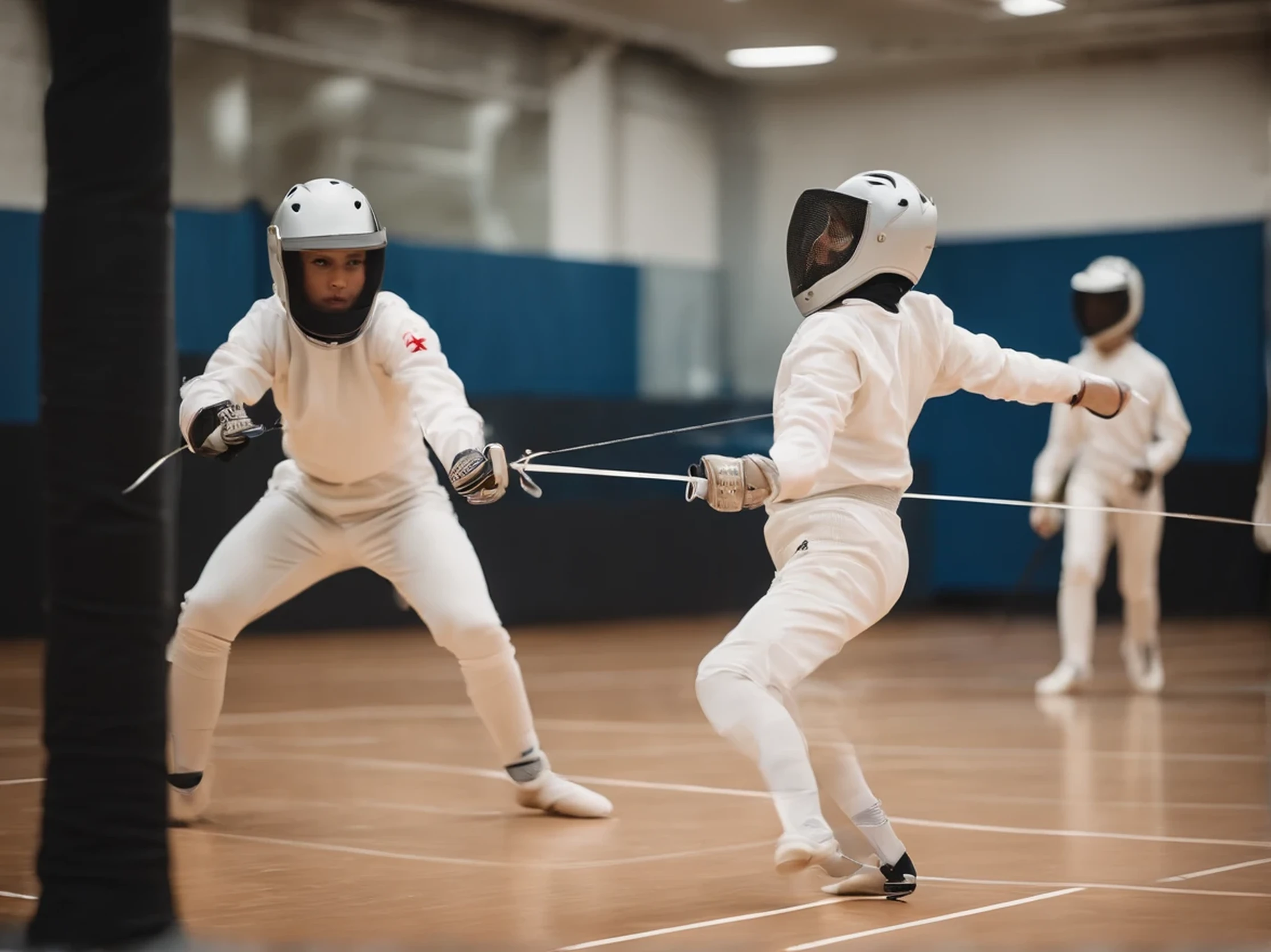 /Image prompts: Color photo of a modern fencing training hall, trainers指导孩子们集中精力进行训练, Color photos of agile and precise movements depicting a modern fencing training hall,Full of energy and enthusiasm of young athletes. in the center of the frame, trainers自信地站着, Provide guidance and guidance to children who are engrossed in training. The children showed extraordinary focus and dedication as they diligently practiced their fencing techniques. Their movements are quick and precise, 体现了他们对掌握这项优雅且具有stratagem意义的运动的. every lunge, parry, Impressive counter-attacking skill and agility. trainers, vigilantly, impart wisdom and expertise, Provide formal guidance, stratagem, And technology. Their presence is reassuring, Instilling confidence in young fencers and inspiring them to push their limits. Training facilities designed to optimize athlete performance, Plenty of space for footwork exercises and maneuvers. The stylish and modern architecture of the lobby enhances the ambience, Create an environment that fosters focus and determination. accurate、capture clearly, Photo shows the fluidity and grace of fencer's movements. Vibrant colors, Capture the intensity and energy of a scene. The lighting is carefully balanced, 突出运动员的决心和trainers的专业知识. Camera model: Canon EOS 5D Mark IV Film Type: Digital lenses: Canon EF 70-200mm f/2.8L IS III USM Technology: Capture fast motion with faster shutter speeds, Emphasize athlete focus and determination—c 10 —ar 2:3