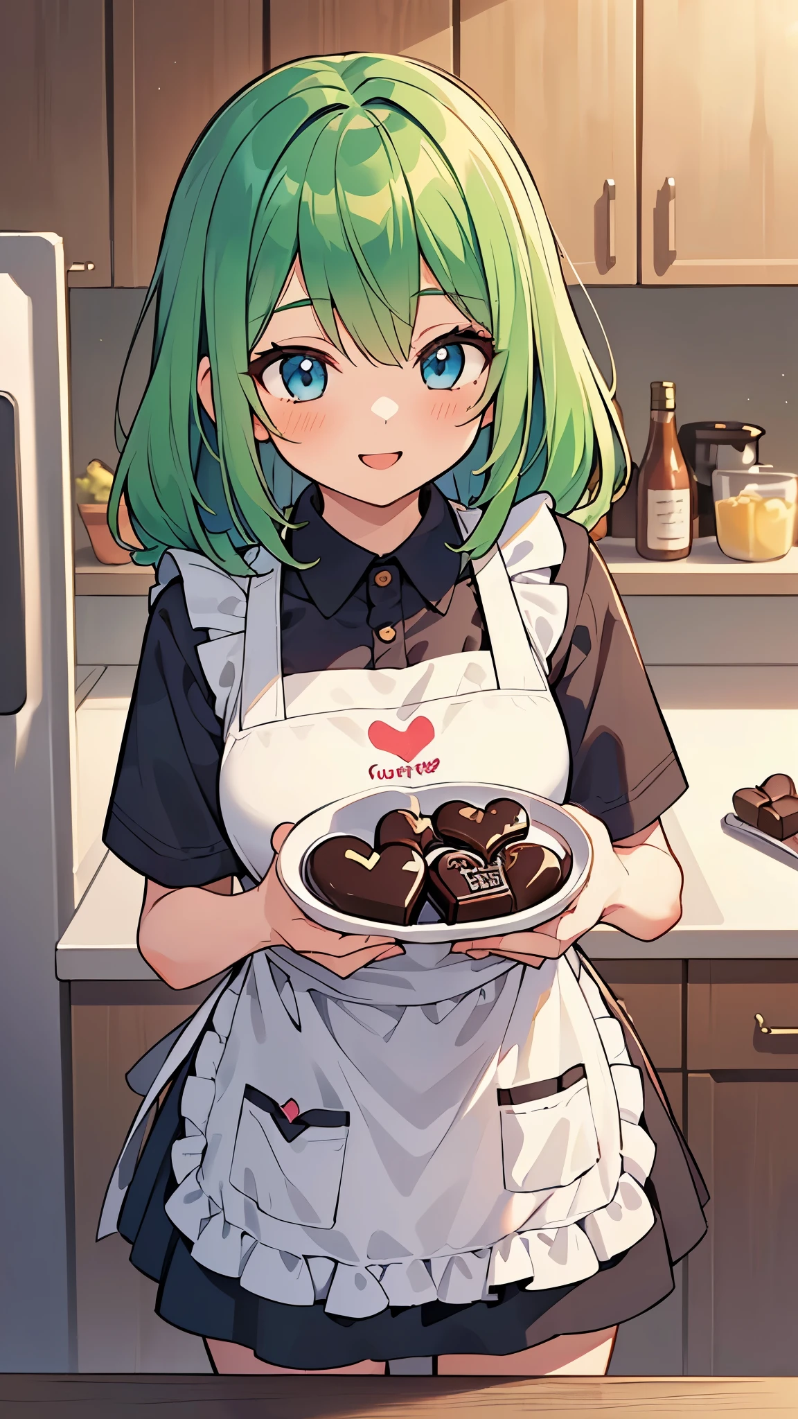 ((A Pretty girl with green hair and blue eyes)), ((wearing an apron)), ((heart shaped chocolate)), Baby face, ((master piece, top-quality, ultra-definition, high resolution)), anime girl, ((ultra-detailed illust:1.2)), only one person, bangs, hair between eye, beautiful hair, Shiny eyes, Medium breasts, Big smile, blushing, in the kitchen