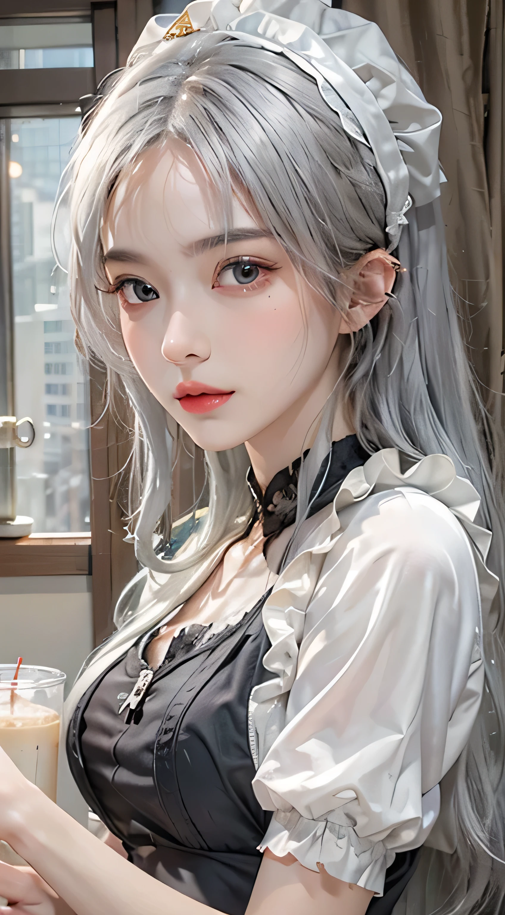 realistic, High resolution, 1 female, alone, hip up, show viewer, (detailed face), gray hair, long hair, Maid clothes, jewelry