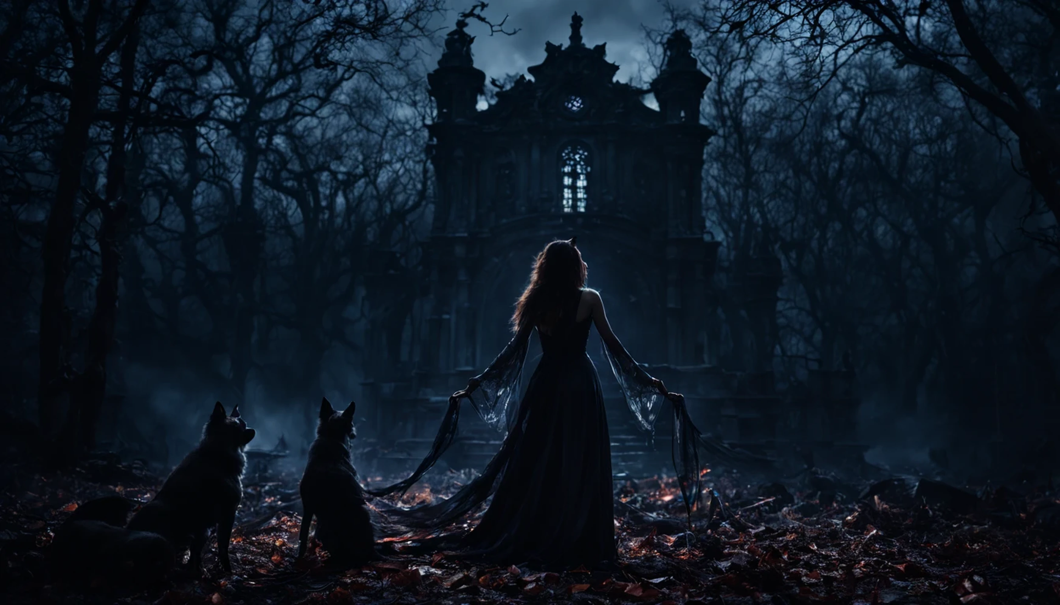 Explore the mystical realm of Hecate, the goddess of sorcery and ghosts. With her loyal dogs by her side, she weaves spells and magic under the cover of night. High quality, high resolution, cinematic, dark, vapor, abandoned, conceptual hyper-aesthetic dramatic ambience. 16k, extreme detail, fine textures, ((dark shadows)), dark, sharp lines, ((time the revelatory)), vivid colors. beautiful. revealing. masterpiece. vibrant. (back lighting). (void:1.2). (perspective:1.3). (wind:1.1). (tang:1.1). (time:1.4). (decay:1.3). (fog:1.1). (ruin:1.1) Shot on a Hasselblad high format camera with a 100mm lens, this portrait is a stunning example of visual storytelling, this cinematic. (35mm, F/2.8) Photo Focus, DOF, Aperture, and hyper-maximalist rendering bring this scene to life in stunning detail. This image captures every nuance and expression, It's a stunningly realistic and visually descriptive piece. The composition is expertly crafted, with global illumination adding a sense of depth and dimension.