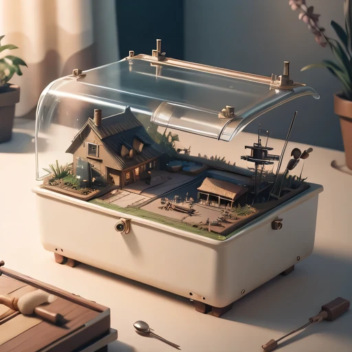 small realistic model, (8k, original photo, best quality, masterpiece:1.4),Steampunk Cyberpunk City,(Cyberpunk light:1.3),on the table,horizon (related to land),(in a small nature box:1.3),Isometric, small nature, landscape on foundation,landscape,