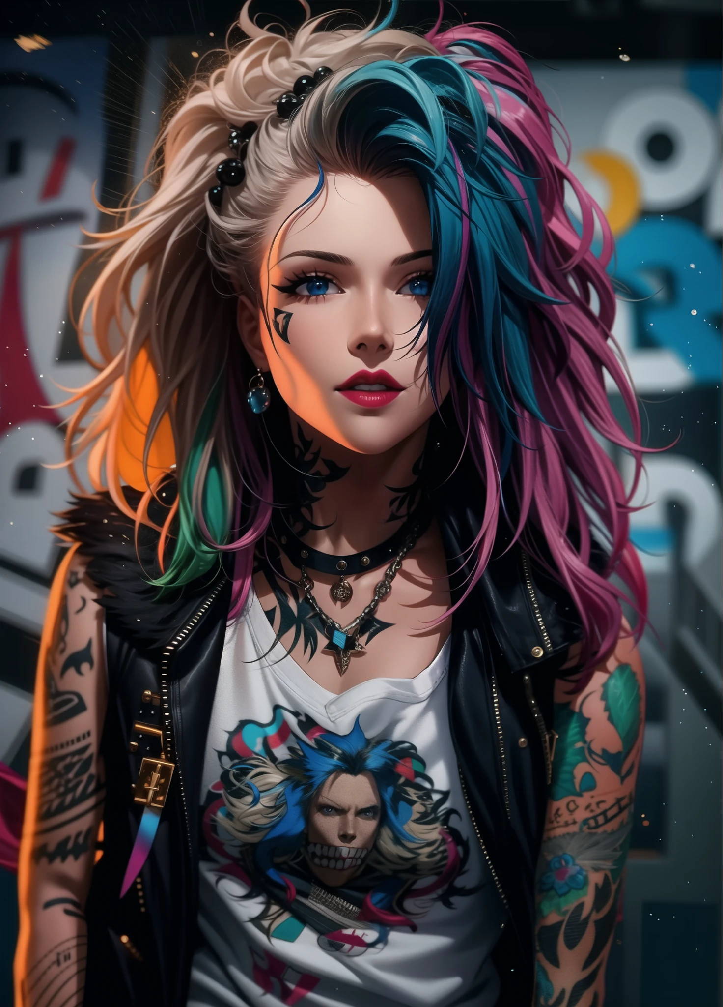 multicolored hair, blonde hair, blue eyes, tattoo, pink lipstick, white shirt, jacket, messy hair
