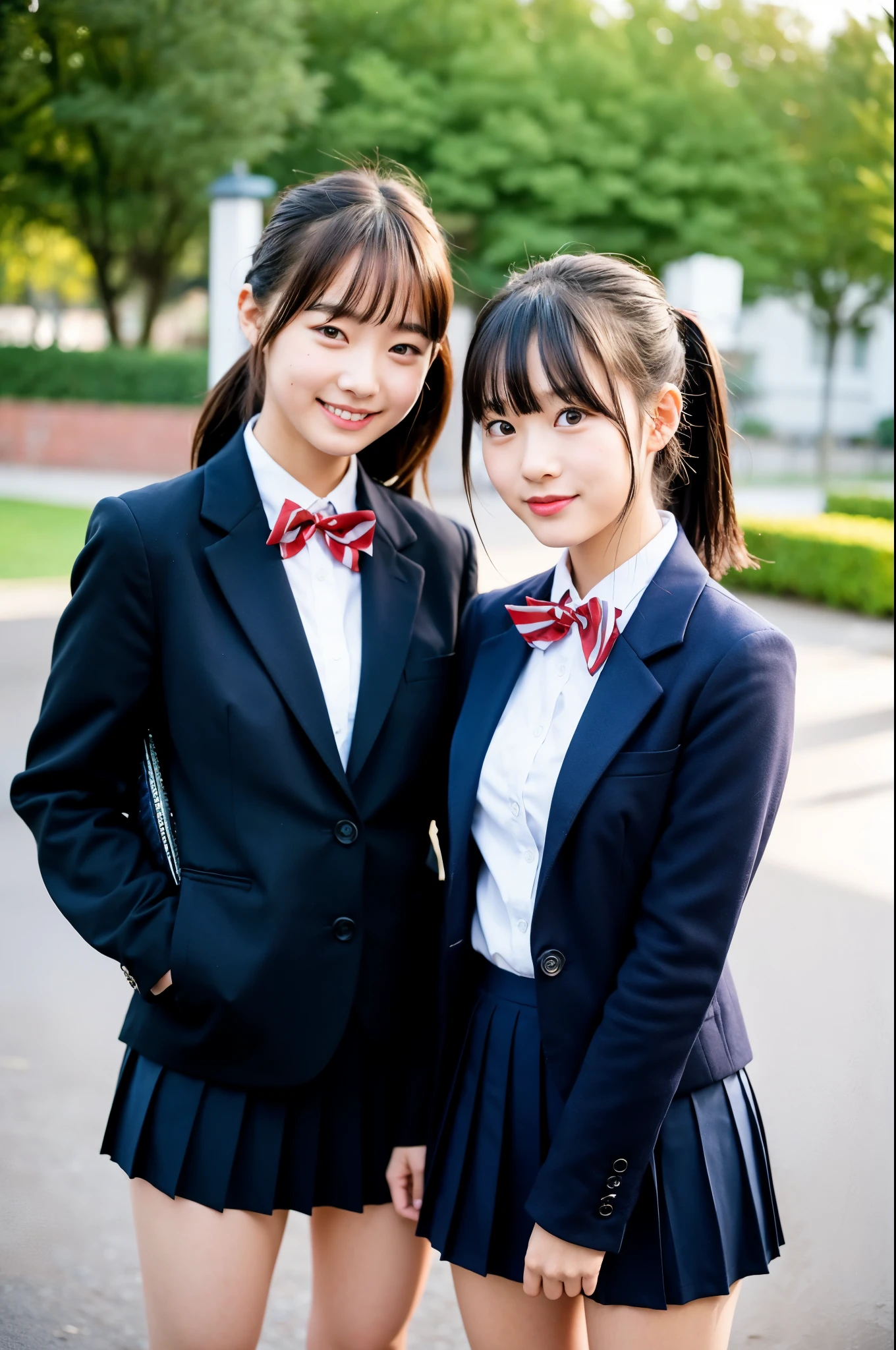 girls standing in school yard,navy blue long-sleeved blazer,navy blue pleated micro-mini-skirt,red bow tie,white panties,school bag,18-year-old,bangs,a little smile,thighs,knees,short cut hair,low ponytail,from below,front-lighting