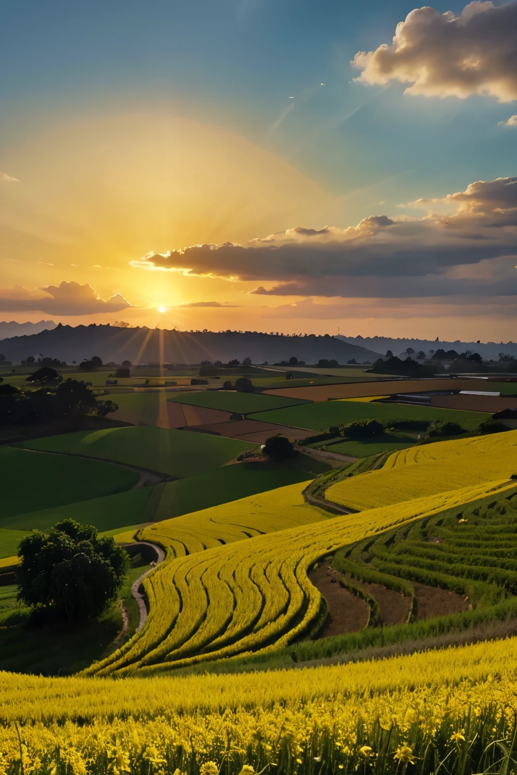 generate vibrant and serene images inspired by yellow and gold paddy field, flowers bloom, birds among the clouds fly, sun shines, wind cools 