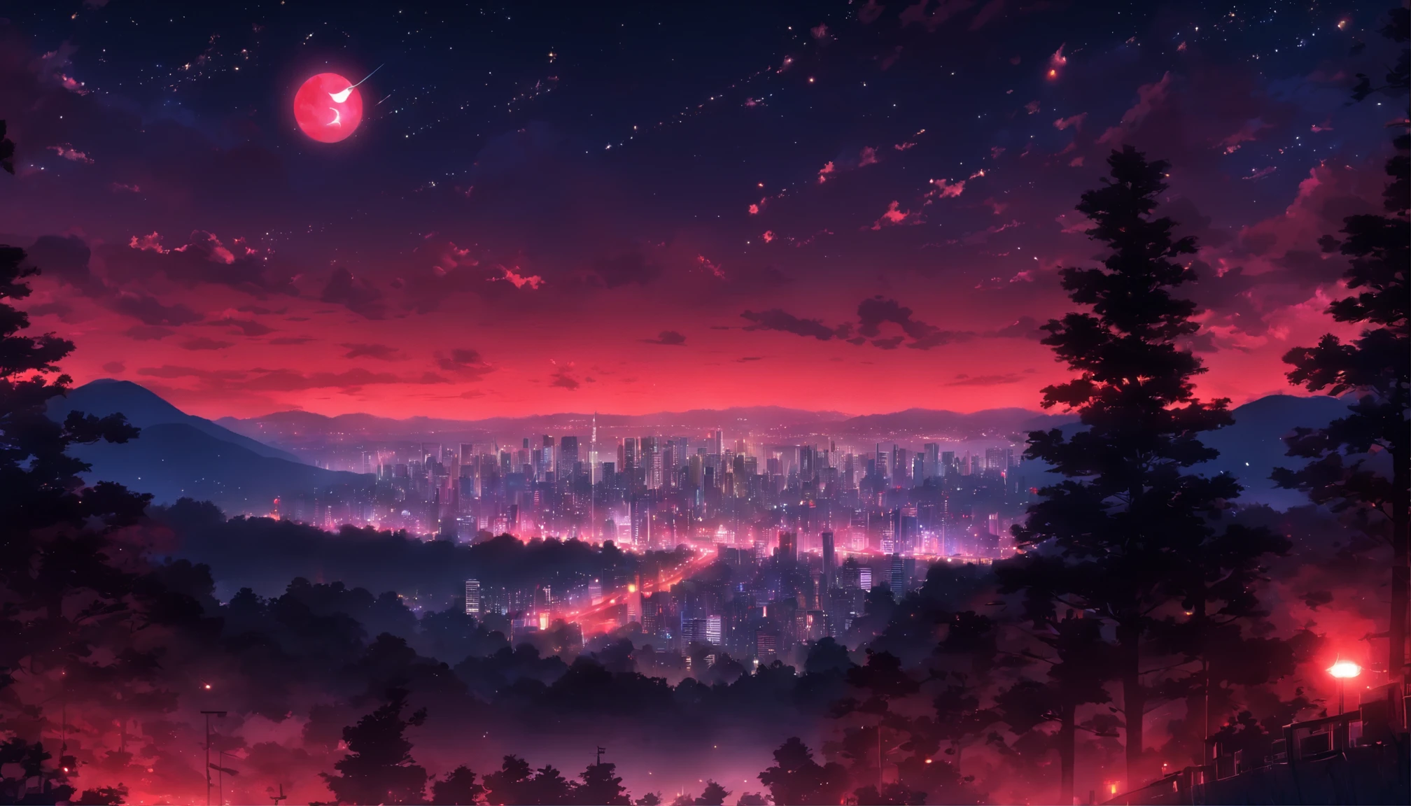 Red night sky, city with red lights, forest in background, stars, moon shining