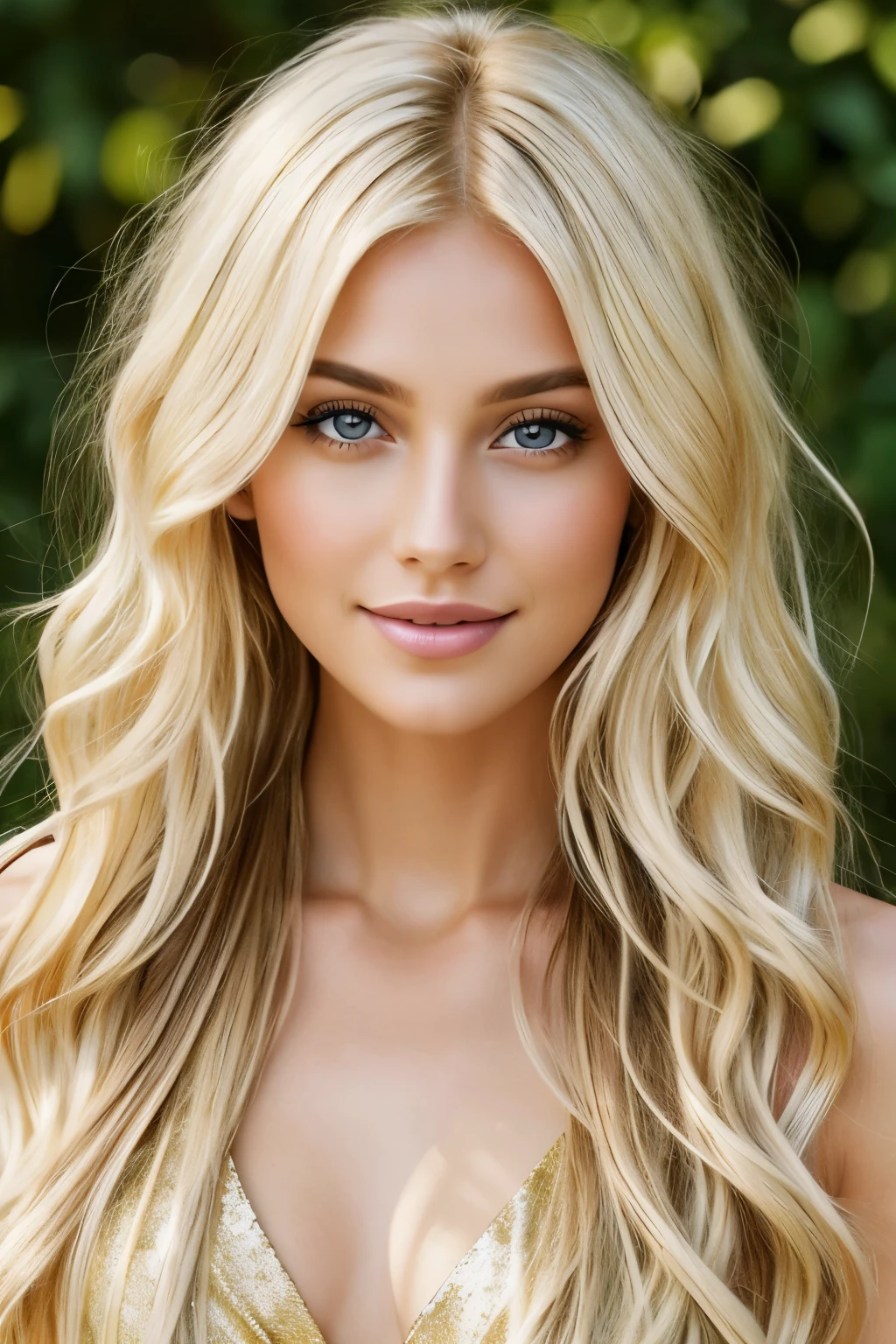 Blonde hair cascades down in soft waves, gleaming under the natural sunlight, expressing a radiant allure that captivates the senses. The high-definition strands reflect the light with a luminous sheen, revealing intricate gold highlights that dance along each strand. Its silky texture invites gentle touch, leaving a trail of silkiness in its wake, as if nature itself had woven a masterpiece of gold threads. The blondness adds a touch of playfulness and innocence, complementing her captivating features with a youthful charm that speaks volumes of her vibrant personality.
