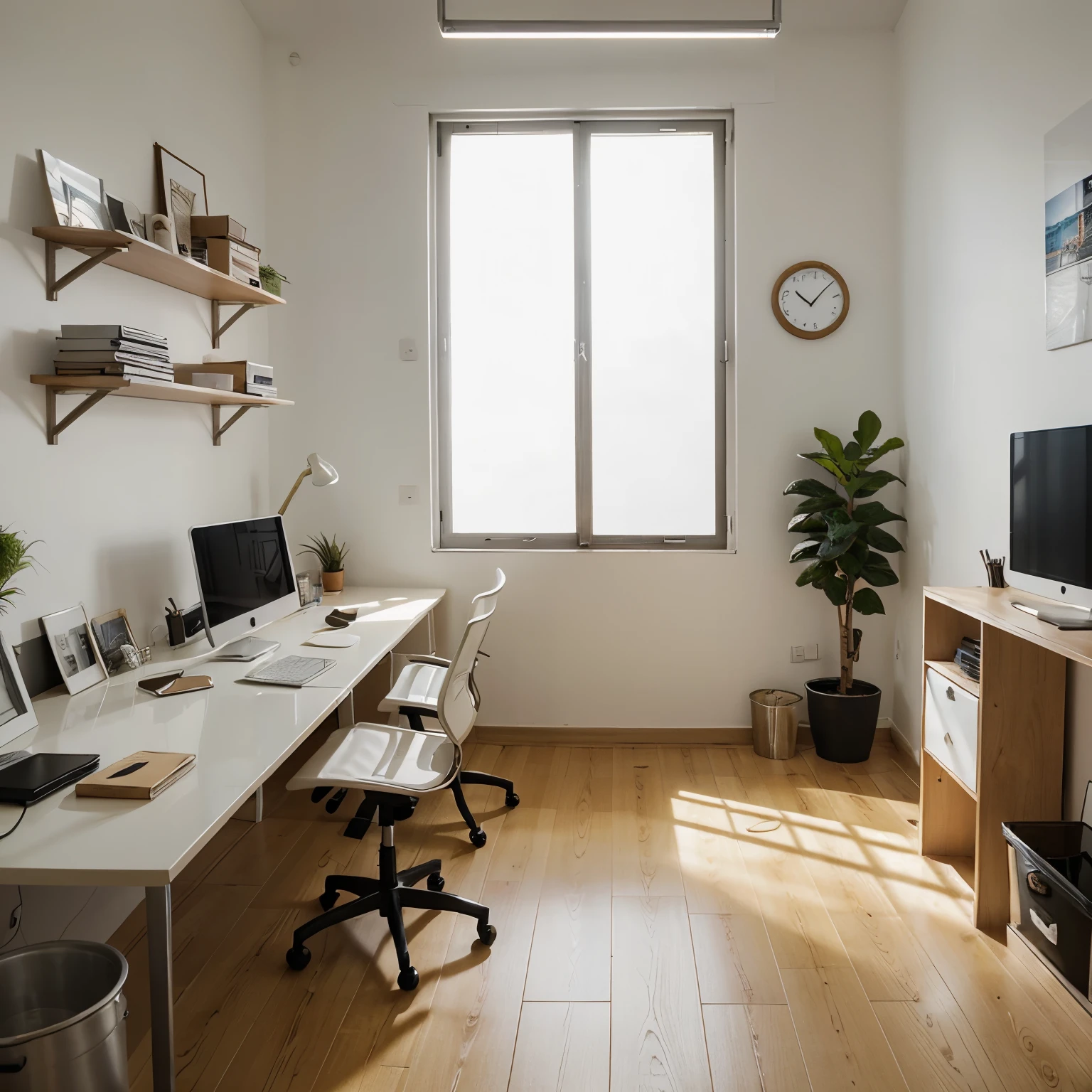 Scenario of a graphic design studio for about 3 or 4 people, con todo tipo de detalles, pantallas, ordenadores y realista, iluminado con luz natural que entra por la ventana