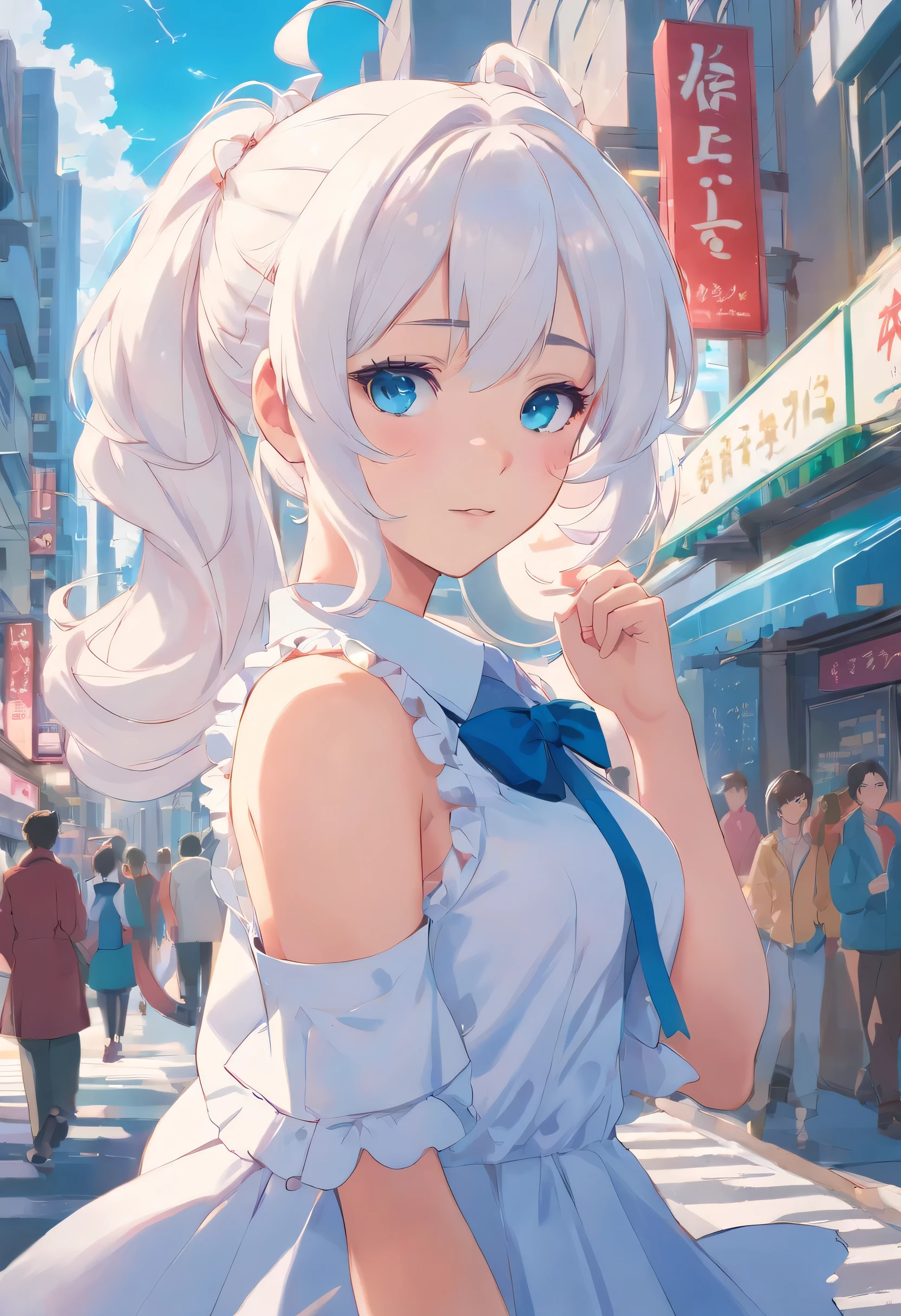 white hair，Double ponytail curls，blue eyes，White Lolita，Beth，A bustling city street