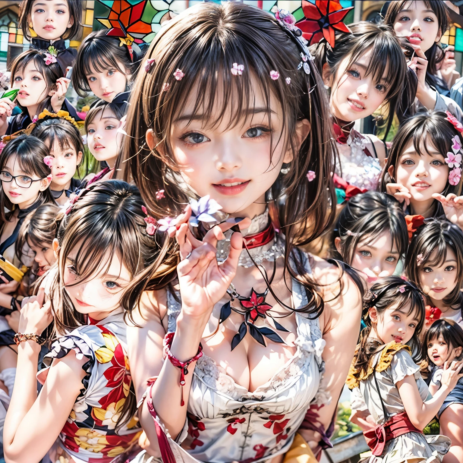 (SFW, White and Red, Ultra-detailed masterpiece:1.2, Exposed:1.2), (nipple:-0.99), (Acutance:0.8), (many sexy junior idols in group photograph), (((Extremely Detailed KAWAII face variations), joyful expression variations)), { Open Cleavage | Navel | pretty Ass | Overflowing Underboob | (Front Opened white blouse) | full of Flowers covering girl's body | (Colorful Light shines from Dazzling and delicate stained glass:1.2) }. (((Ultrealistic and photorealistic:1.37)) with a touch of rawness). { under the mesmerizing back lighting | concept art | enhancing the overall visual impact }. (not Detailed fingers:-0.9) .