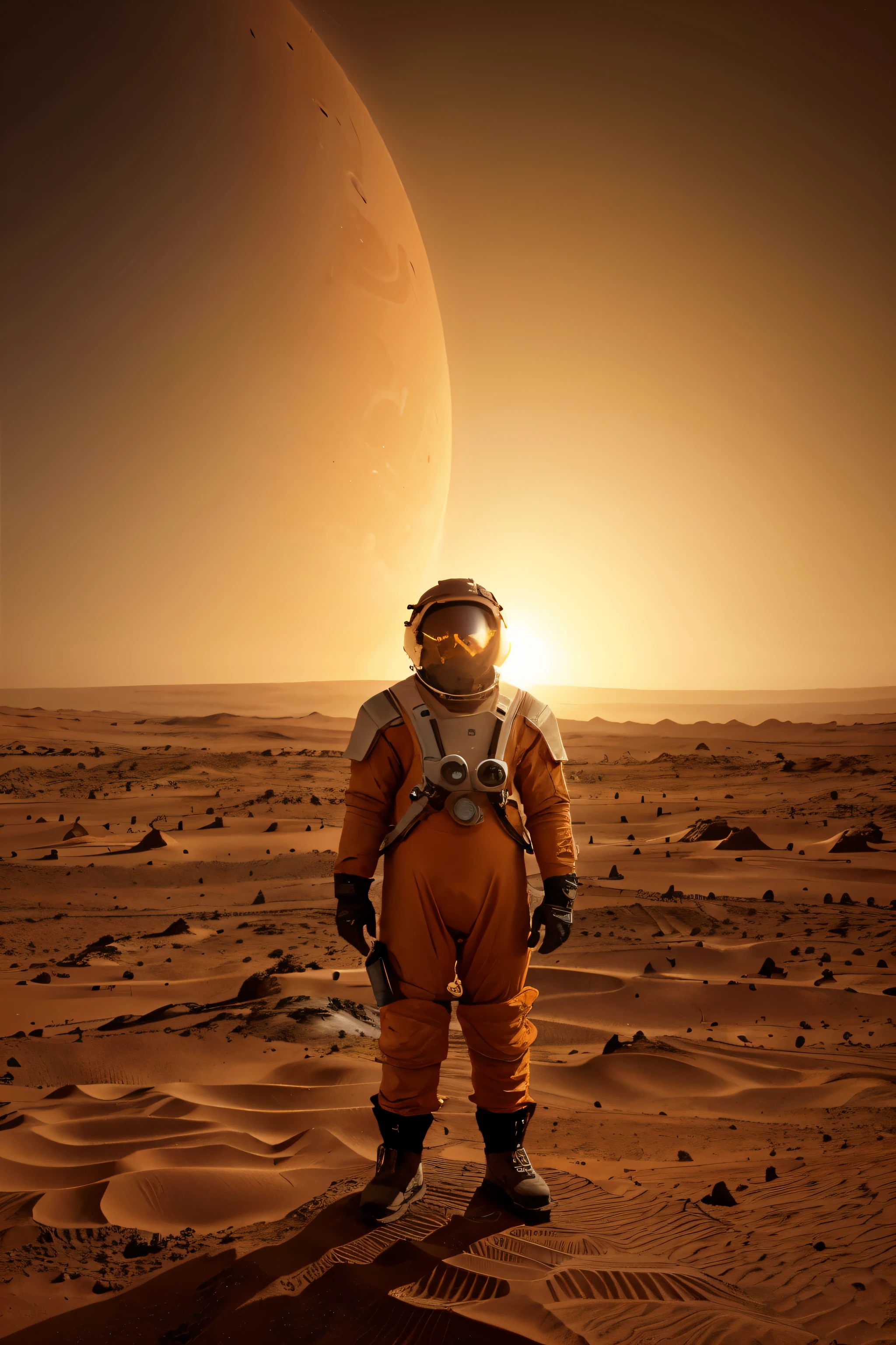 Erstellen Sie ein Bild eines Menschen, who stands in front of his small home on the surface of Mars and was born on Mars. Sein Name ist Mohamad Khan und er ist 18 Jahre alt. Er ist Muslim und hat einen kurzen Bart und Schnurrbart. He wears an orange spacesuit. Er lebt im Jahr 2124