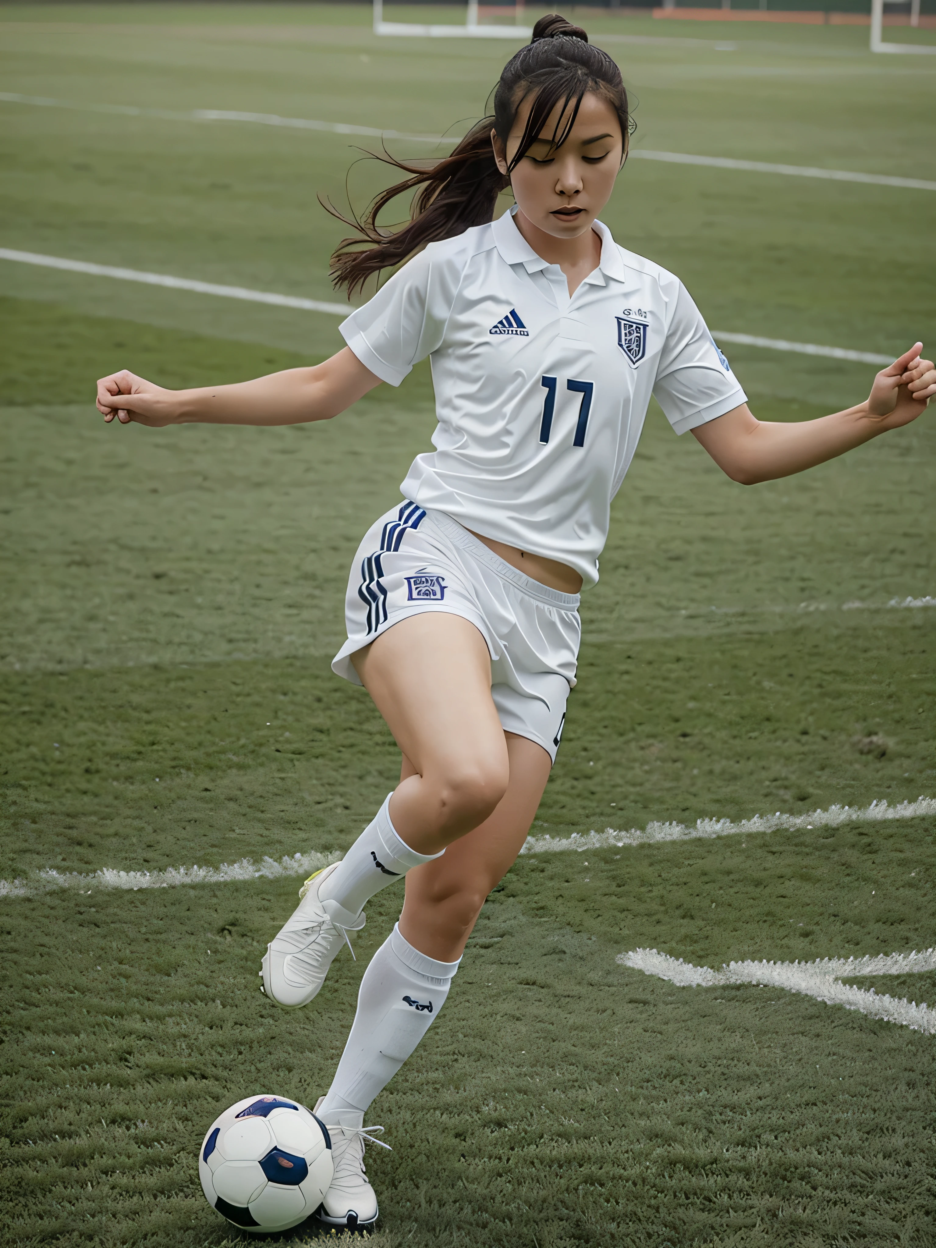 full body of an soccer player with white soccer uniform kicking a soccer ball, full, realistick, like mockup, soccer white uniform, japanese girl