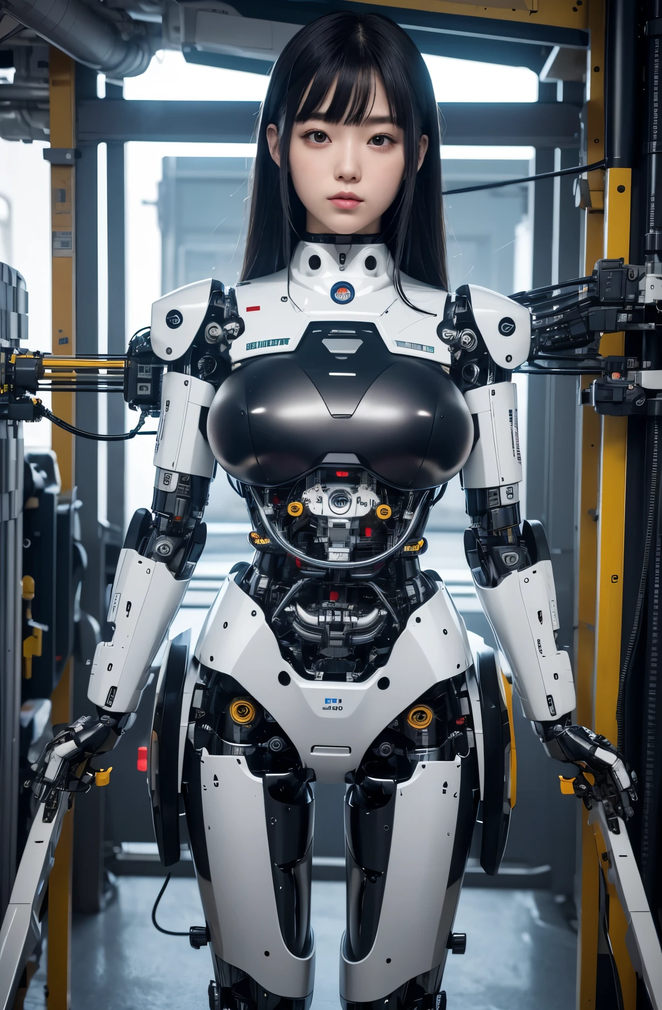 masterpiece, best quality, extremely detailed, Japaese android girl,Plump , control panels,android,Droid,Mechanical Hand, Robot arms and legs, Black hair,Blunt bangs,perfect robot girl,long tube,thick cable connected her neck,android,robot,humanoid,cyborg,japanese cyborg girl ,robot-assembly plant,She is assembling now,assembly scene