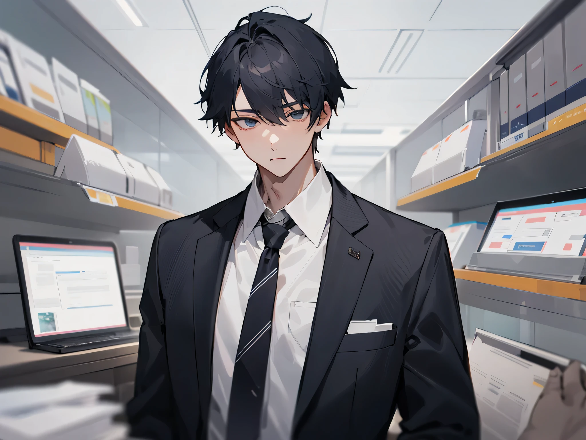 1boy,adult,Impatient expression,Business suit,jacket,whiteshirt,upper body,necktie,dull,疲れた表情,pants,best quaity,employee,face detail,((background office))