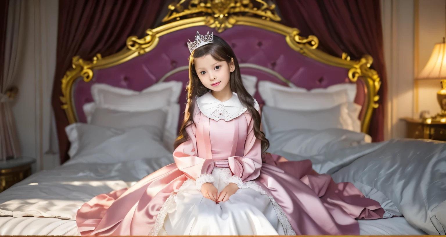 ,highest quality, masterpiece, highest resolution, artwork, super それにget used to it, many get used to it, get used to it, それにget used to it, 3K realistic photos,,(( When I was s old)),Super detailed baby face,She is a princess,Full length ball gown dress with hoop skirt,ruffled yoke collar,puff sleeves,long sleeve,((Lolita e hot pink detailed princess satin dress、Comes with lots of frills and ribbons。)),colorful rococo fashion,shiny satin dress,Soft and smooth fabric,luxury,long blonde hair,blue eyes,white skin european,pajamas,((inside the palace)),,,(( When I was 10 years oler detailed baby face,Full length ball gown dress with hoop skirt,long skirt,ruffled yoke collar,puff sleeves,腰まで伸びるlong blonde hair,blue eyes,white skin european,pajamas,((inside the palace bedroom)),ピンクのシルクサテンのluxuryなcanopy bedの上,canopy bed,luxurious curtains under the canopy,many frilly pillows on the bed,super detailed background,Detailed bed,romantic atmosphere,little princess is sitting on the bed,the dress is spread out on the bed,