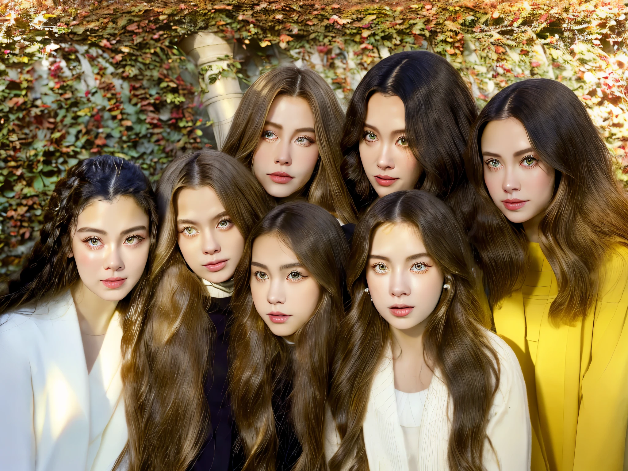 (best quality, masterpiece), there are 5 girls, one girl has long red hair with white skin, yellow eyes, another girl has chest length black hair, purple eyes and tan skin, another girl has long curly brown hair tied in a ponytail, hazelnut eyes and white skin, the other girl had long yellow hair, brown eyes, white skin, the other girl has long black hair, green eyes, white skin, and the last girl has curly brown hair, light brown eyes, olive skin and wears a glasses. They were all chatting in a park together