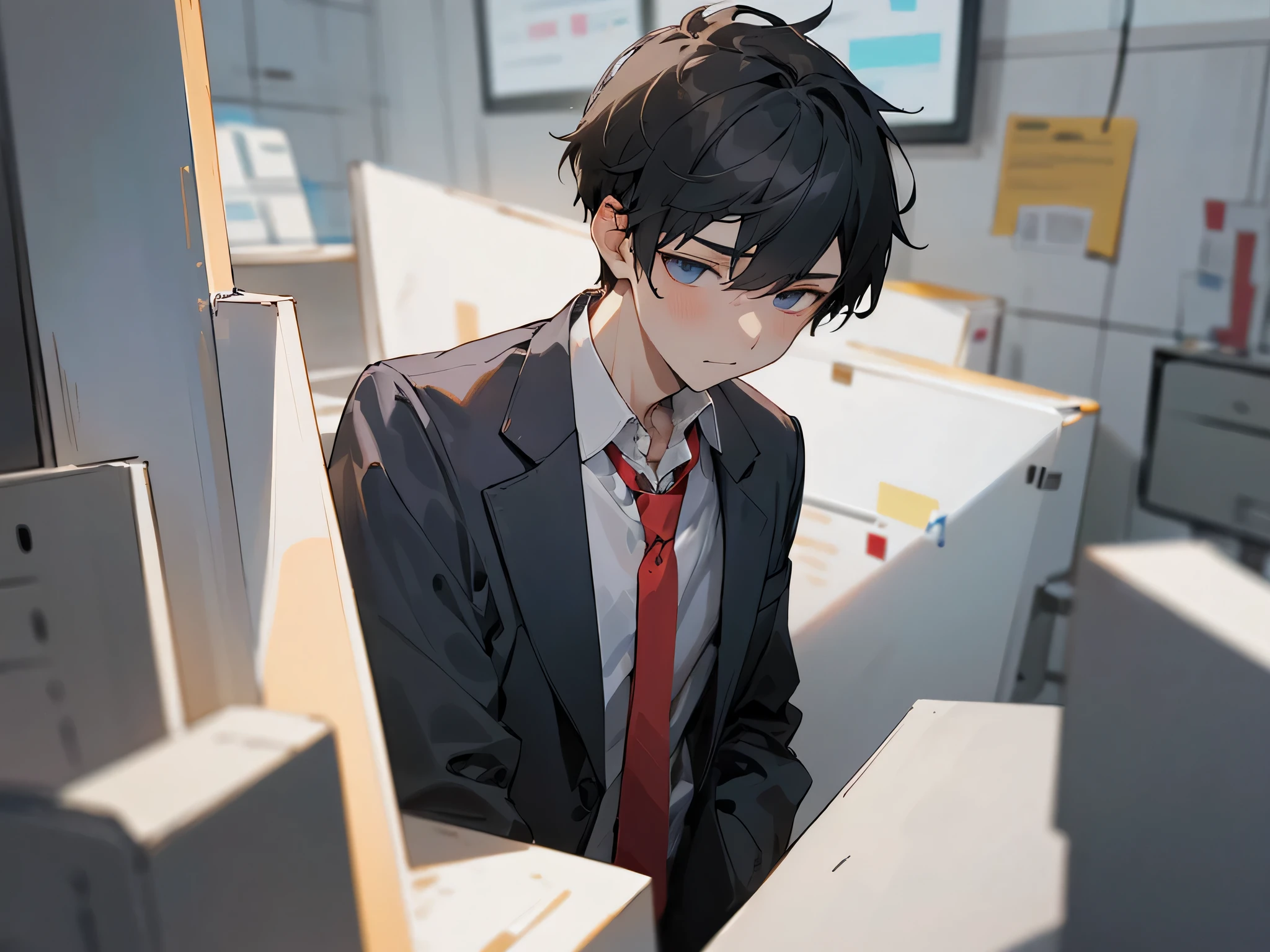 1boy，adult，Impatient expression，Business suit，jacket，whiteshirt，upper body,necktie,dull,best quaity，employee，face detail，((background office))