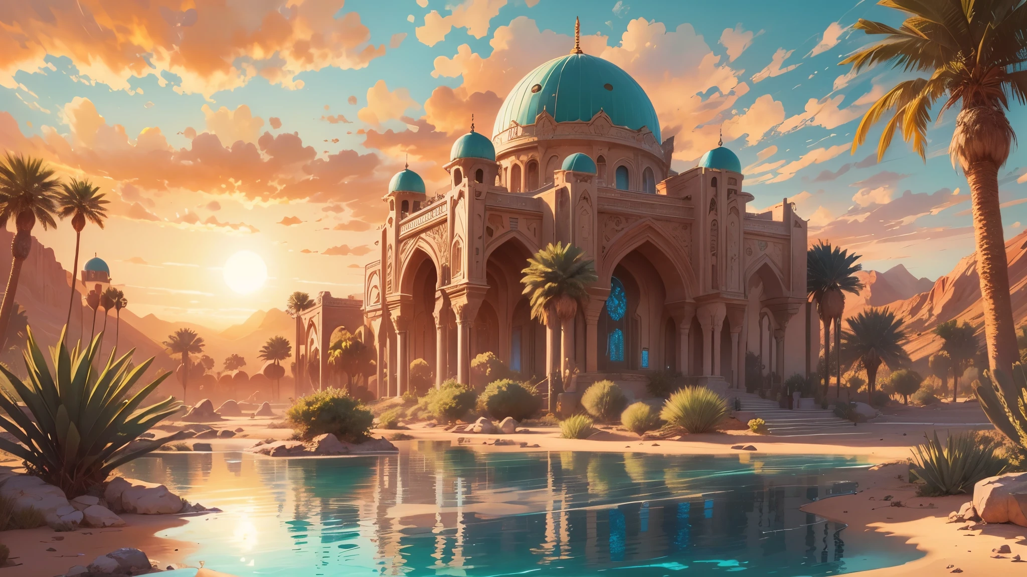 Create a detailed anime sketch of an oasis in the midst of a vast desert, where sparkling water reflects the vibrant colors of a magical sunset. Use a low-angle perspective to showcase the ornate architecture of the oasis, surrounded by palm trees and mystical desert flora.