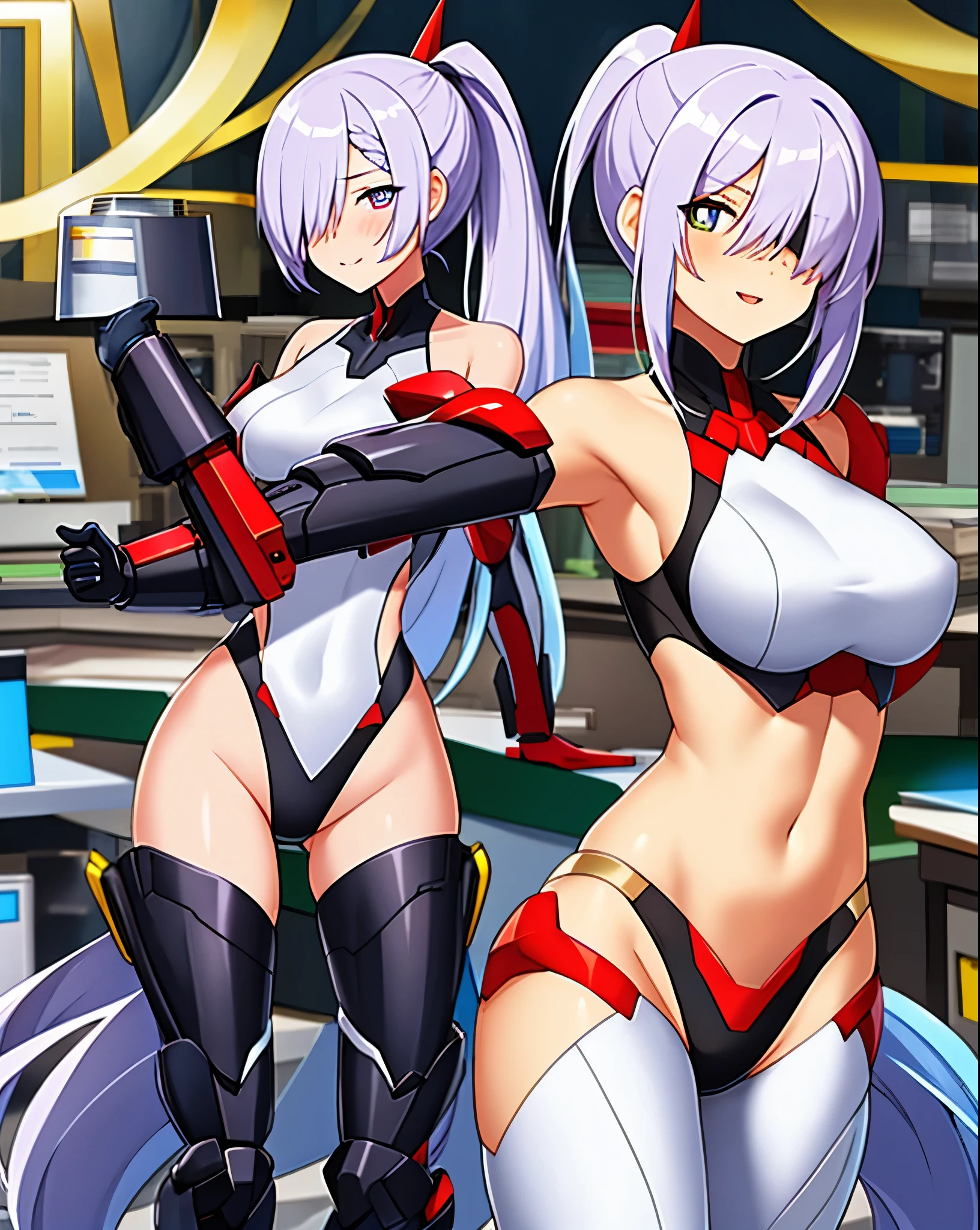 ,1figure_girl,(:1.5), (short_ponytail:1.3), (light_whitish_purple_hair:1.3),black_mechanical_armor_parts,white_breasts_parts_red_black_body_suit,bare_shoulder,bare_slender_thighs,medium_breasts,on_the_desk, desk_background,Stinging_eyes,(half_pupil:1.5),sleepy,thighhigh_greaves,gauntlets,dynamic_posing,bare_frank,metal_red_parts_armor,red_eye,
fists,hold_weapon,glare,navel,large_mechanical_parts,happy,waist_armor,open_mouth,rise_legs,apart_legs, (covered_navel:1.3),(very_long_bangs:1.3), (hair_over_one_eye:1.5),(long_bang_covers_right_half_of_face:1.5),
(covered_pussy:1.1),covered_breasts,armpits,