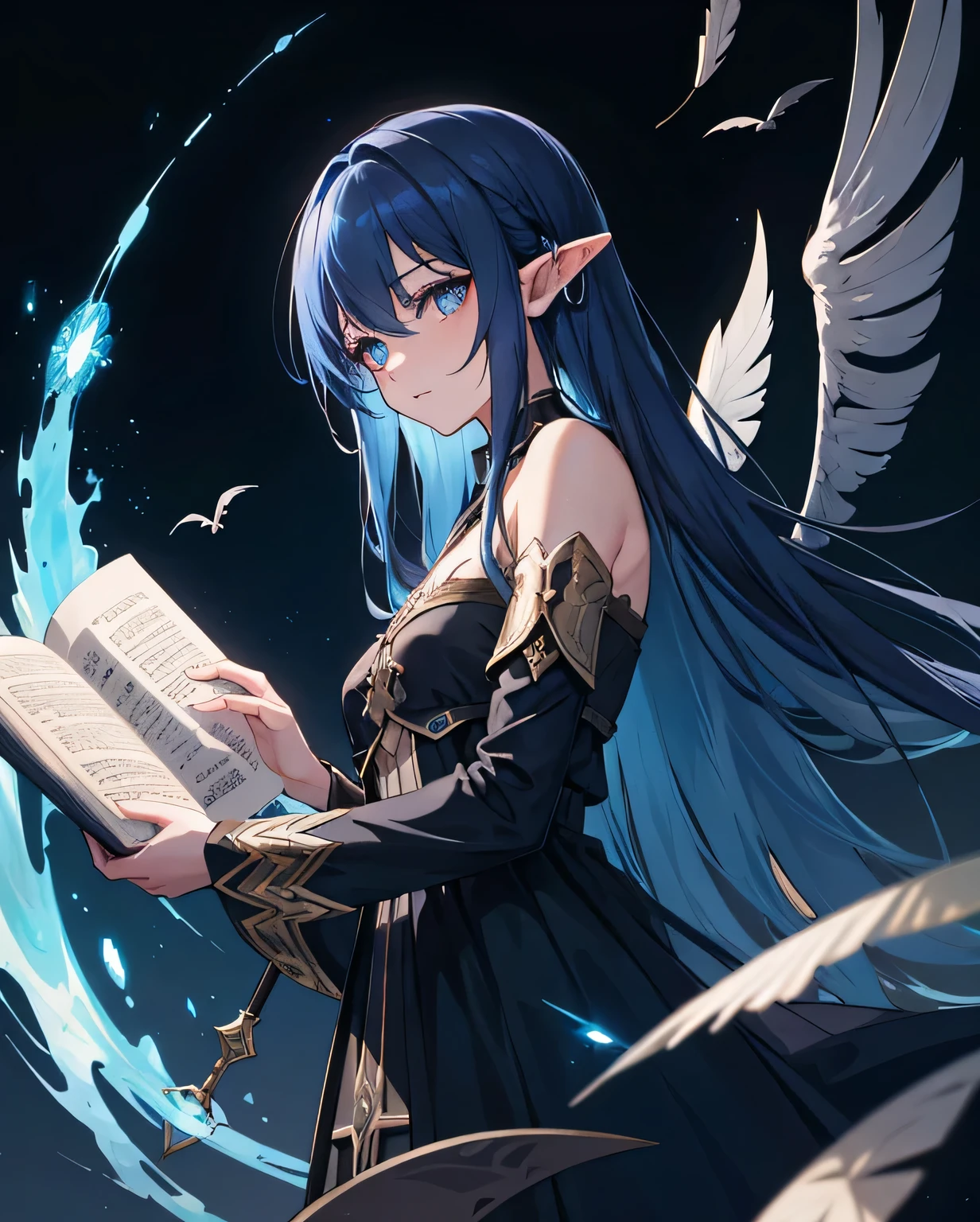 death flower,Blood,night, dark, (fantasy),unlimited,dark blue sky,The abyss of knowledge,knowledge,((masterpiece)), (((best quality))),((beautiful and delicate eyes)),(eyelash),monster,(1 girl),blue hair,long hair,abyss eyes,shiny skin,Oil,small breasts,(bird body,feather),Ragged, treacherous,Elf,extremely detailed CG unity 8k wallpaper,masterpiece, ((super detailed)), ((illustration)),colorful,wallpaper,vitality,Unknown terror,arcane,around magic,Magic surrounds,Magic wand,Book,Book页飞向天空,know all this,Predicting the Future,Learn about the past,unlimited wisdom,blue flame,Warlock,magic circle,five-pointed star,spell,mantra,sing magic,