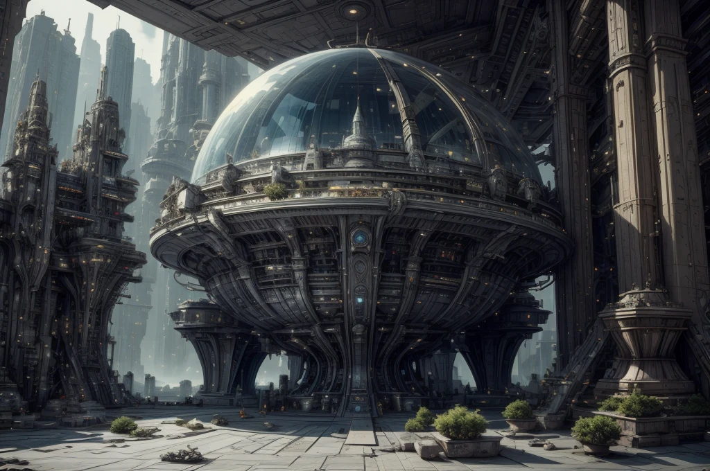 Incredible fantasy city, mega skyscrapers, flying cars, space elevator towers, Super Detail, trees, flowers, Many different buildings, spaceships in the sky, Ultra detail, many elements, blue and gold, yellow numbers on the towers,