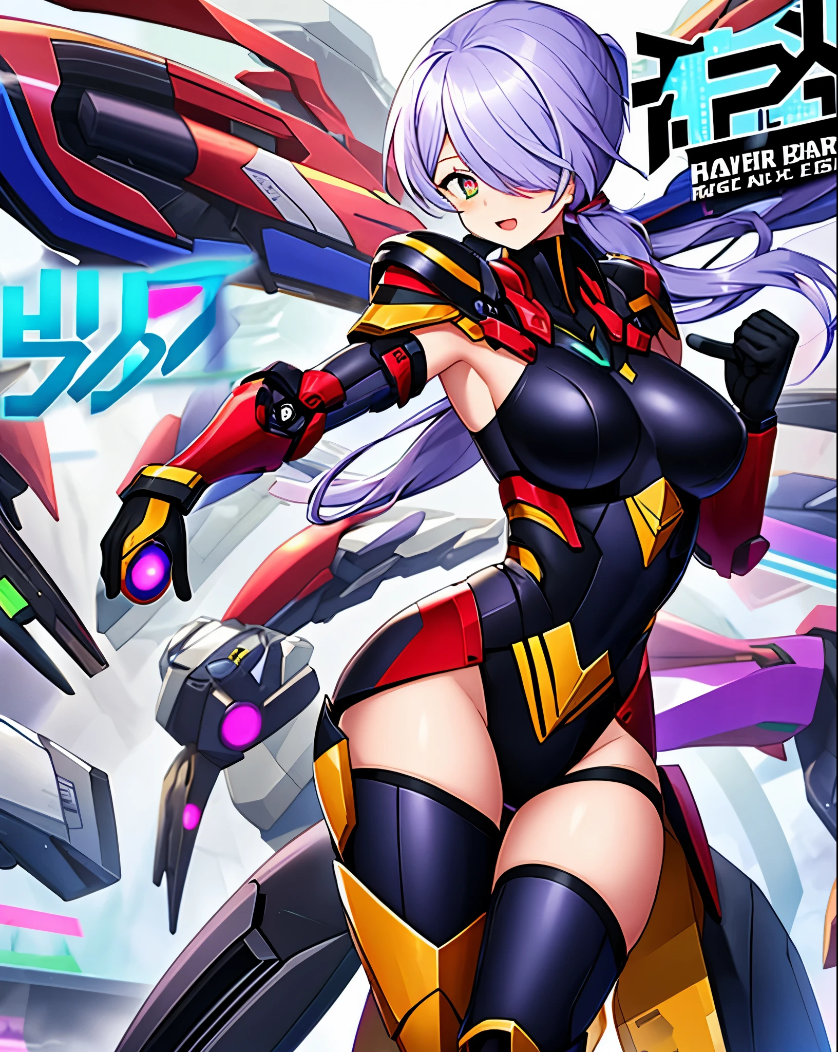 ,1figure_girl,(:1.5), (short_ponytail:1.3), (light_whitish_purple_hair:1.3),black_mechanical_armor_parts,white_breasts_parts_red_black_body_suit,bare_shoulder,bare_slender_thighs,medium_breasts,on_the_desk, desk_background,Stinging_eyes,(half_pupil:1.5),sleepy,thighhigh_greaves,gauntlets,dynamic_posing,bare_frank,metal_red_parts_armor,red_eye,
fists,hold_weapon,glare,navel,large_mechanical_parts,happy,waist_armor,open_mouth,rise_legs,apart_legs, (covered_navel:1.3),(very_long_bangs:1.3), (hair_over_one_eye:1.5),(long_bang_covers_right_half_of_face:1.5),
(covered_pussy:1.1),covered_breasts,armpits,