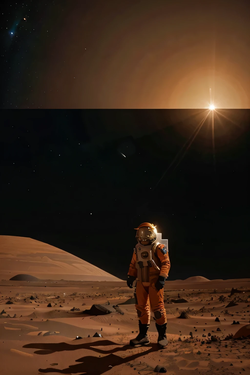Erstellen Sie ein Bild eines Menschen, who stands in front of his small home on the surface of Mars. Im Hintergrund sieht man die Marslandschaft.Er wurde auf dem Mars geboren, is Mohamad Khan and is 18 years old. Er ist Muslim und hat einen kurzen Bart und Schnurrbart. He wears an orange spacesuit. Er lebt im Jahr 2124