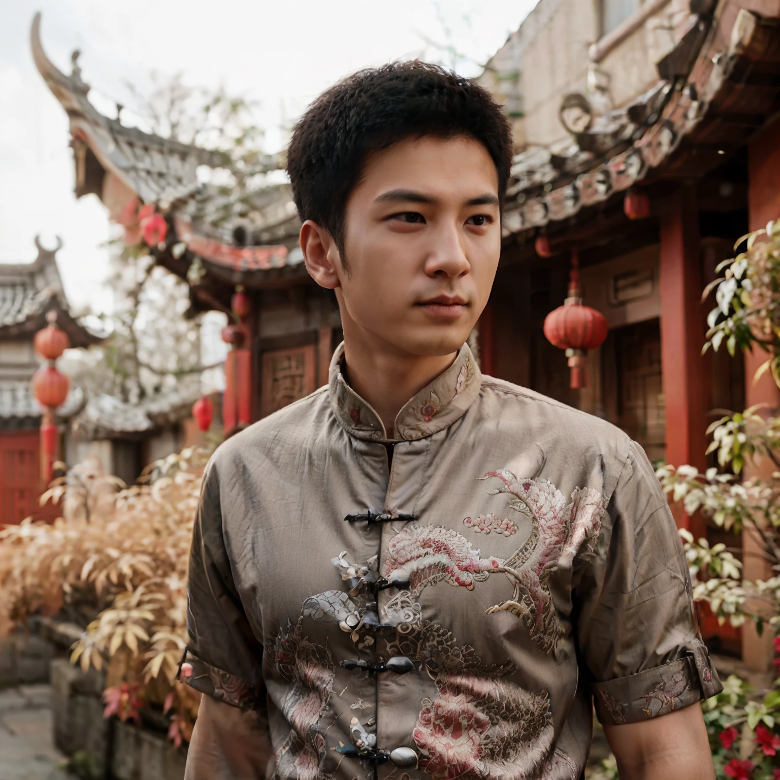 arafed man in a chinese outfit standing in front of a building, with ancient chinese aesthetic, dragon - inspired suit, chinese style, traditional chinese clothing, inspired by Dai Xi, inspired by Guan Daosheng, with acient chinese clothes, china silk 3d dragon, inspired by Xie Huan, inspired by Chen Hong, inspired by Guo Xi