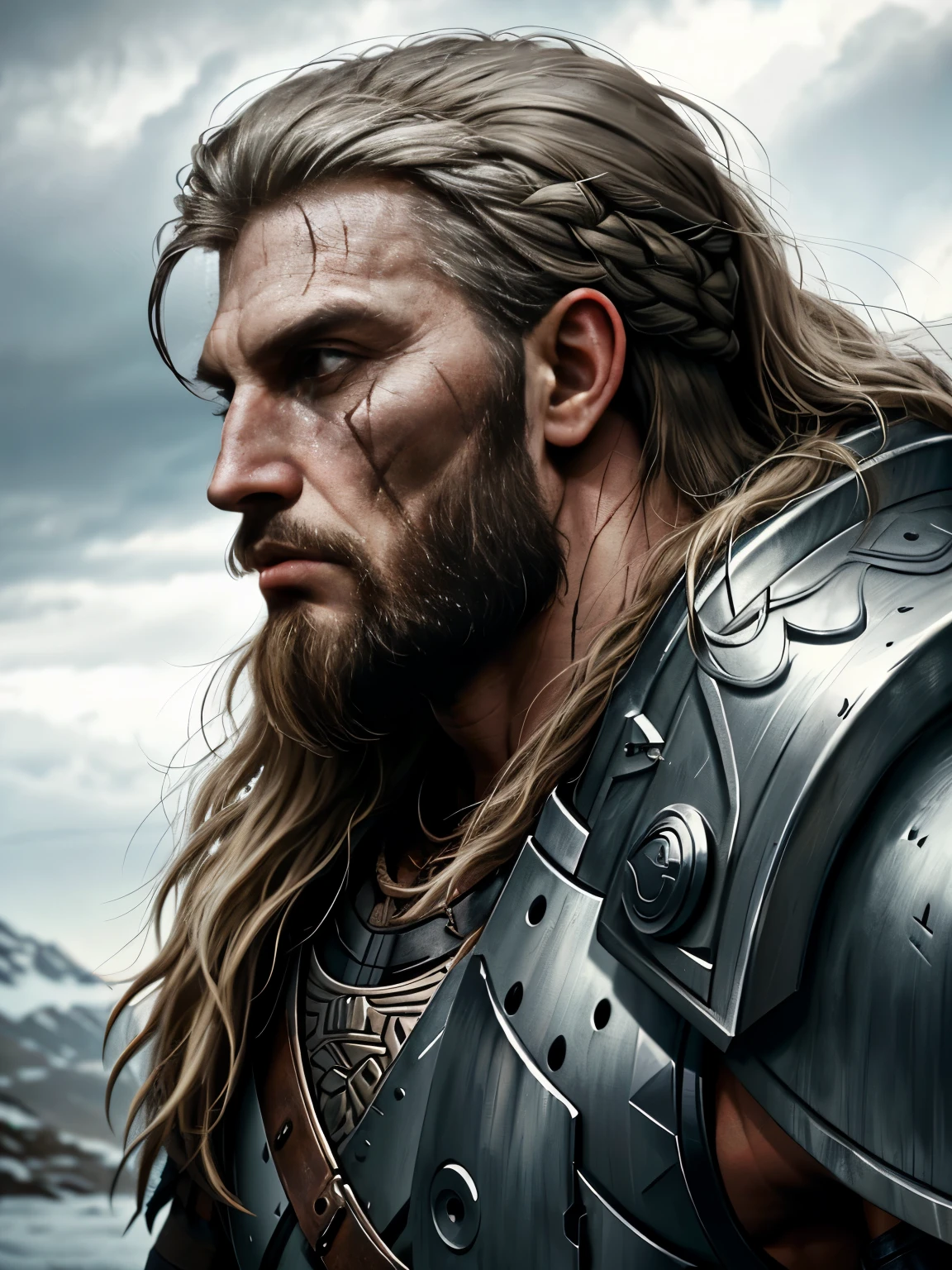 photograph of a viking warrior with old battle scar in his face, broad shoulders, armor, heroic, beard, pronounced cheekbones, cloudy, masterpiece, best quality, high quality, 4K, trending, hard ring light, 50mm