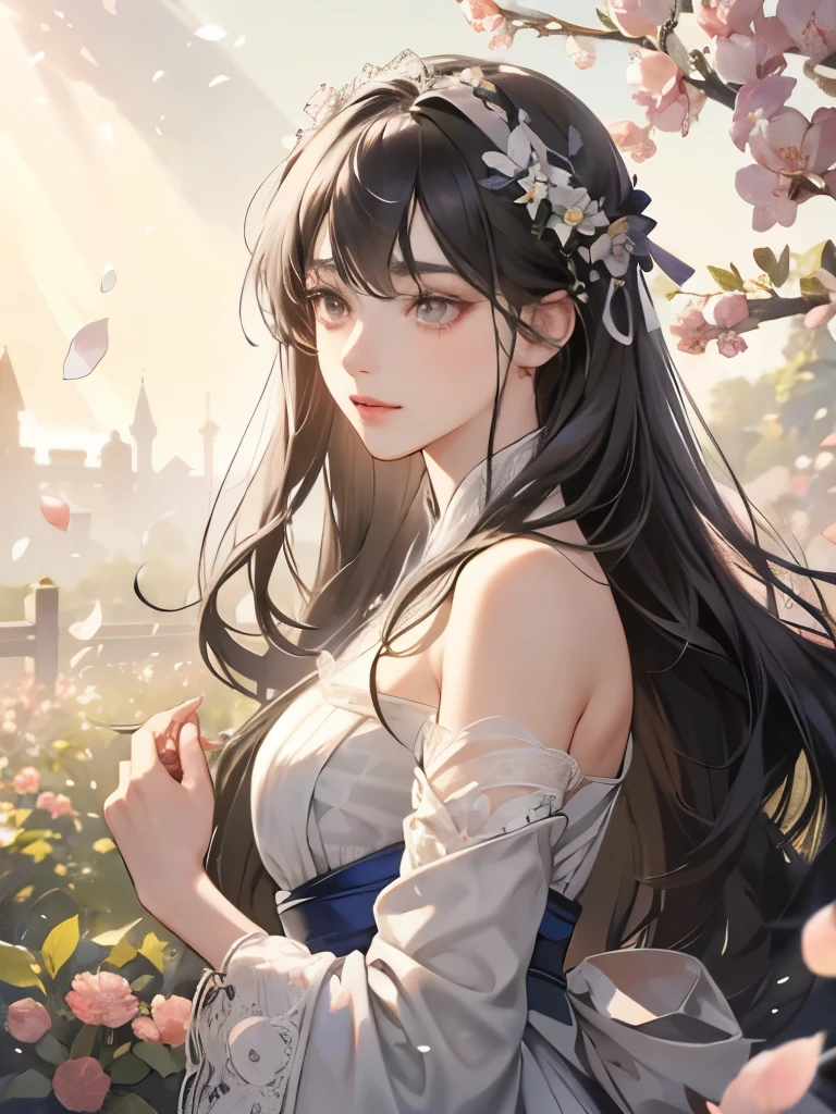 (: 1.5), lace, ribbon, Hanfu, (masterpiece, side light, delicate and beautiful gray eyes: 1.2), masterpiece, realistic, glowing eyes, shiny hair, dark hair, long hair, shiny skin, solo, awkward, strapless, delicate, beautiful, garden, flowers, fluttering petals,