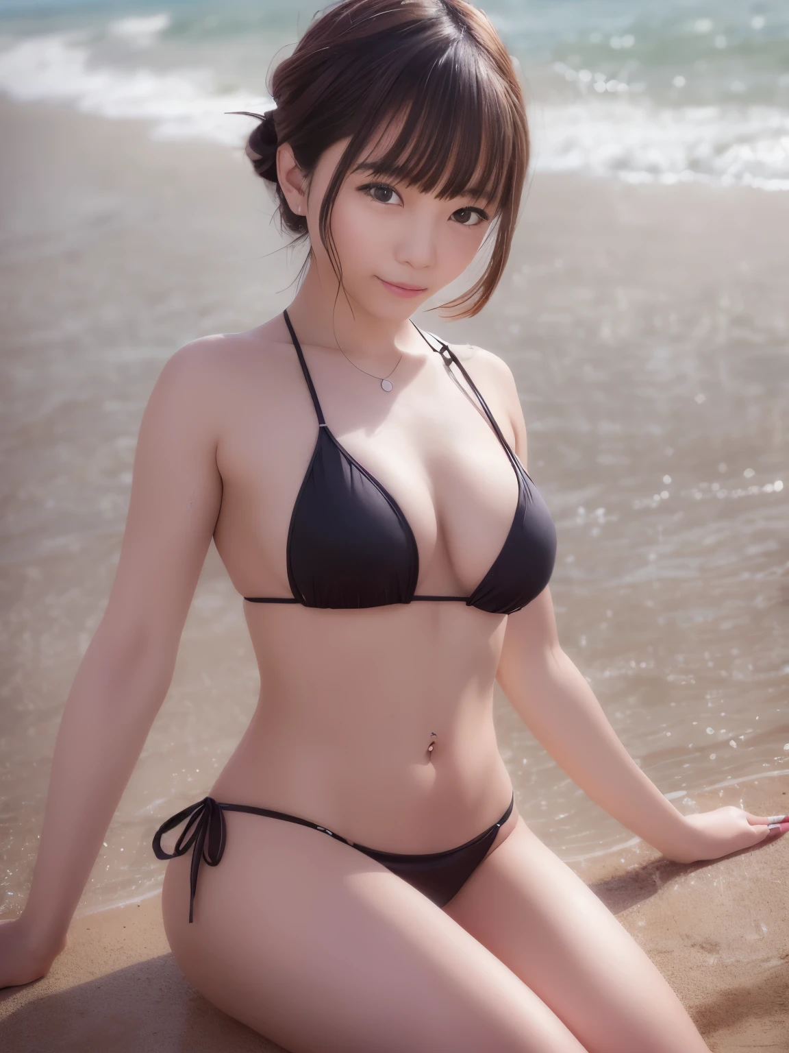 I、Gravure photography:Norinobu Sasayama、Full Background、Pause、Life、laughter、beautiful japanese girl、Photographic portrait of beautiful women, sony a7, 35mm lens, f1.8、shine_rhythm: 1.5, realistic bikini, Beautiful woman, beautiful girl, beautiful seaside, attractive girl, realistic 3d style, photo realistic render