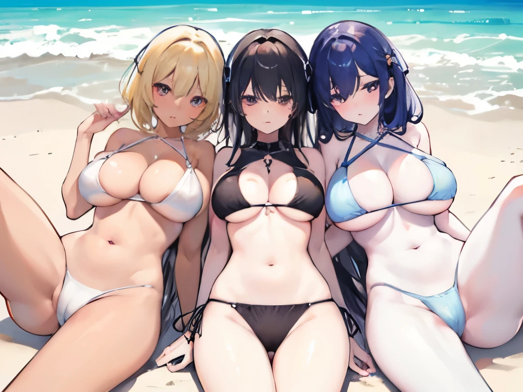 ((4 girls,masterpiece, fine skin, oily skin, perfect human body、detailed person、big breasts, stop ,fit the body, Because I'm slender, Hugh Ass, Although huge)), ((Have sex with a girl)):1.5, ((Have sex with a girl)):1.5, All the girls were in bikinis, underboob:1.8, explicit:1.8, different hair colors、girls of different skin colors, beach background