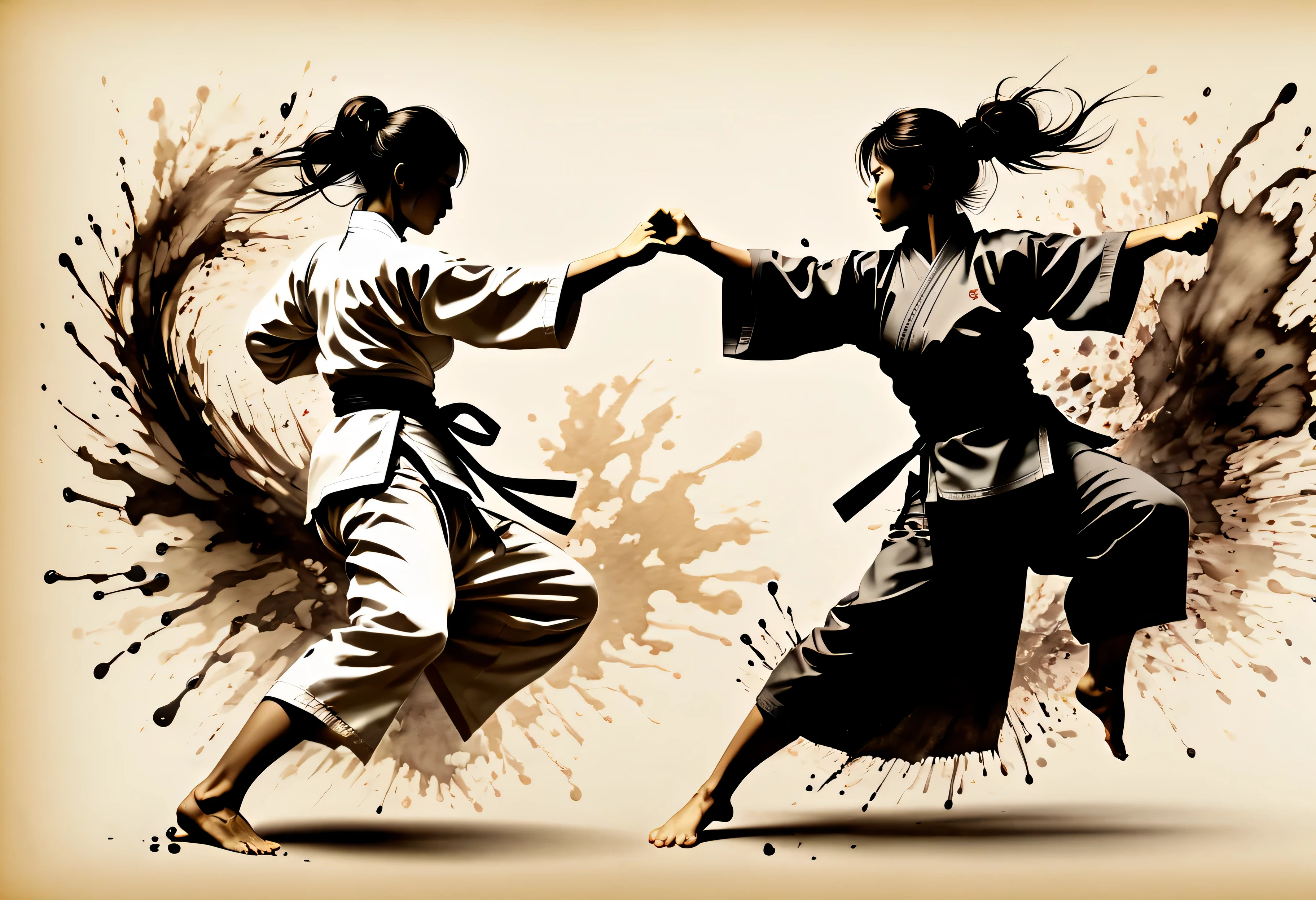 ((Violent_expression:1.2), ((Karate Kumite):1.5), ((2 Female):1.3) ((Female Karate):1.2), ((Hourglass_figure):1.1). ((Trading blows):1.3), | Outlined in black ink, the figure is depicted with smooth lines, expressing emotions and posture through the contrast of ink density. The background is minimalist, emphasizing light, shadow, and spatial perception.