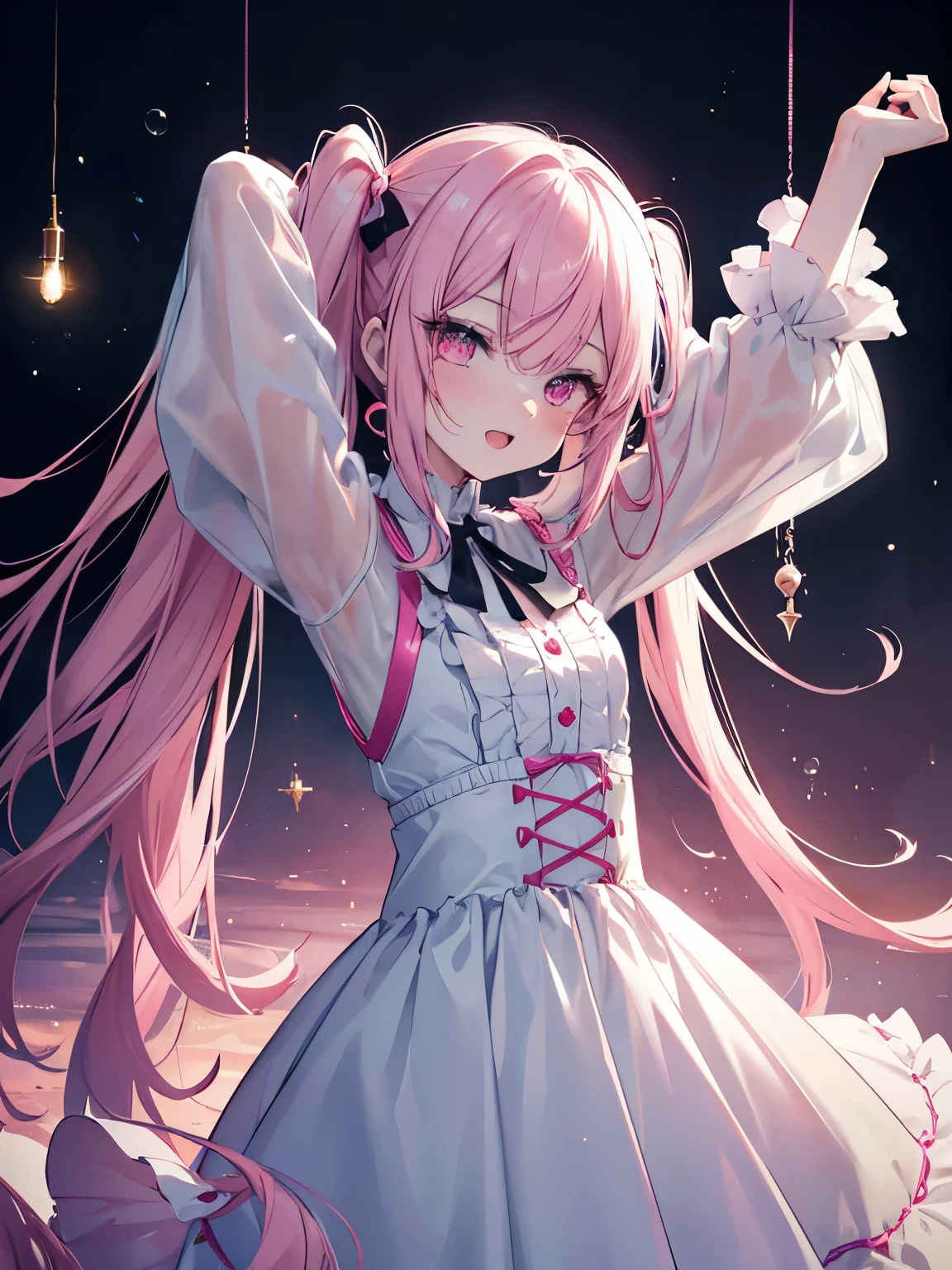 masutepiece, Highest Quality, (Perfect face:1.1), (high detailing:1.1), (ultradetailed eyes), Dramatic, superfine illustration, Extremely detailed,1girl in, ager,(pale skin), Happy, Laugh, Enjoy,Open mouth,gloweyes,pinkhair, (long twintail),Ethereal eyes, pink eye,(close eyes),Solo,Pouty lips,Cinematic lighting,looking for viewer, cowboy shot,Long sleeve,PINK Princess dress,long length,indoor,arched back,arms raised in the air,bedroom,sleeping