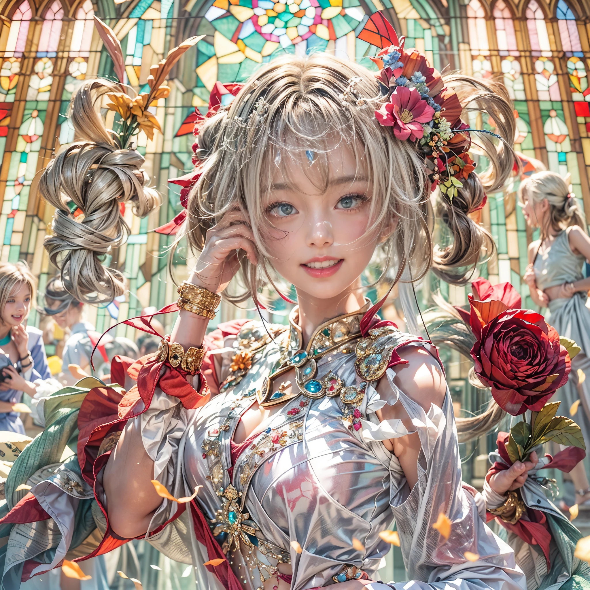 (SFW, White and Red, Ultra-detailed masterpiece:1.2, Exposed:1.2), (nipple:-0.99), (Acutance:0.8), (many sexy junior idols in group photograph), (((Extremely Detailed KAWAII face variations), joyful expression variations)), { Open Cleavage | Navel | pretty Ass | Overflowing Underboob | (Front Opened white blouse) | full of Flowers covering girl's body | (Colorful Light shines and reflects from Dazzling and delicate stained glass:1.2) }. (((Ultrealistic and photorealistic:1.37)) with a touch of rawness). { under the mesmerizing back lighting | concept art | enhancing the overall visual impact }. (not Detailed fingers:-0.9) .