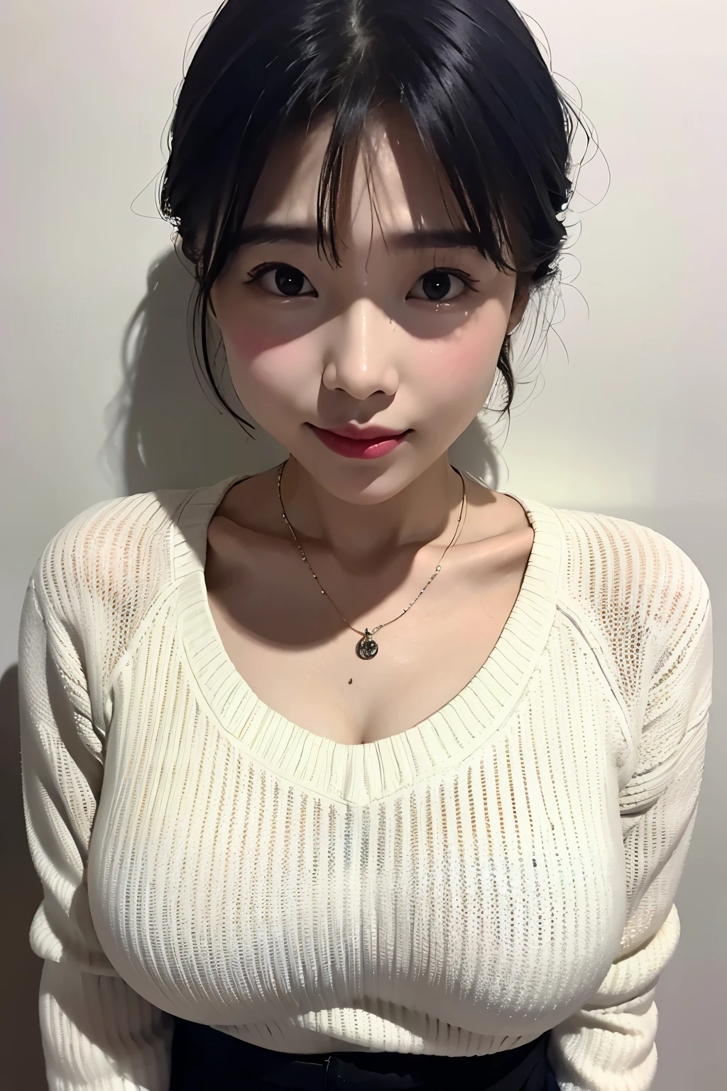 (top quality、8k、32k、masterpiece、ultra high definition:1.2)、Photos of cute Japanese women、huge 、Full, large breasts、short hair、upper part of body、surface focus、extra large_sweater、A necklace、simple background、from above、looking at the audience、