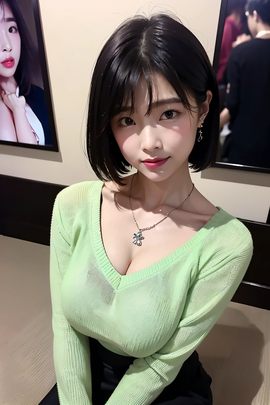 (top quality、8k、32k、masterpiece、ultra high definition:1.2)、Photos of cute Japanese women、huge 、Full, large breasts、short hair、upper part of body、surface focus、extra large_sweater、A necklace、simple background、from above、looking at the audience、