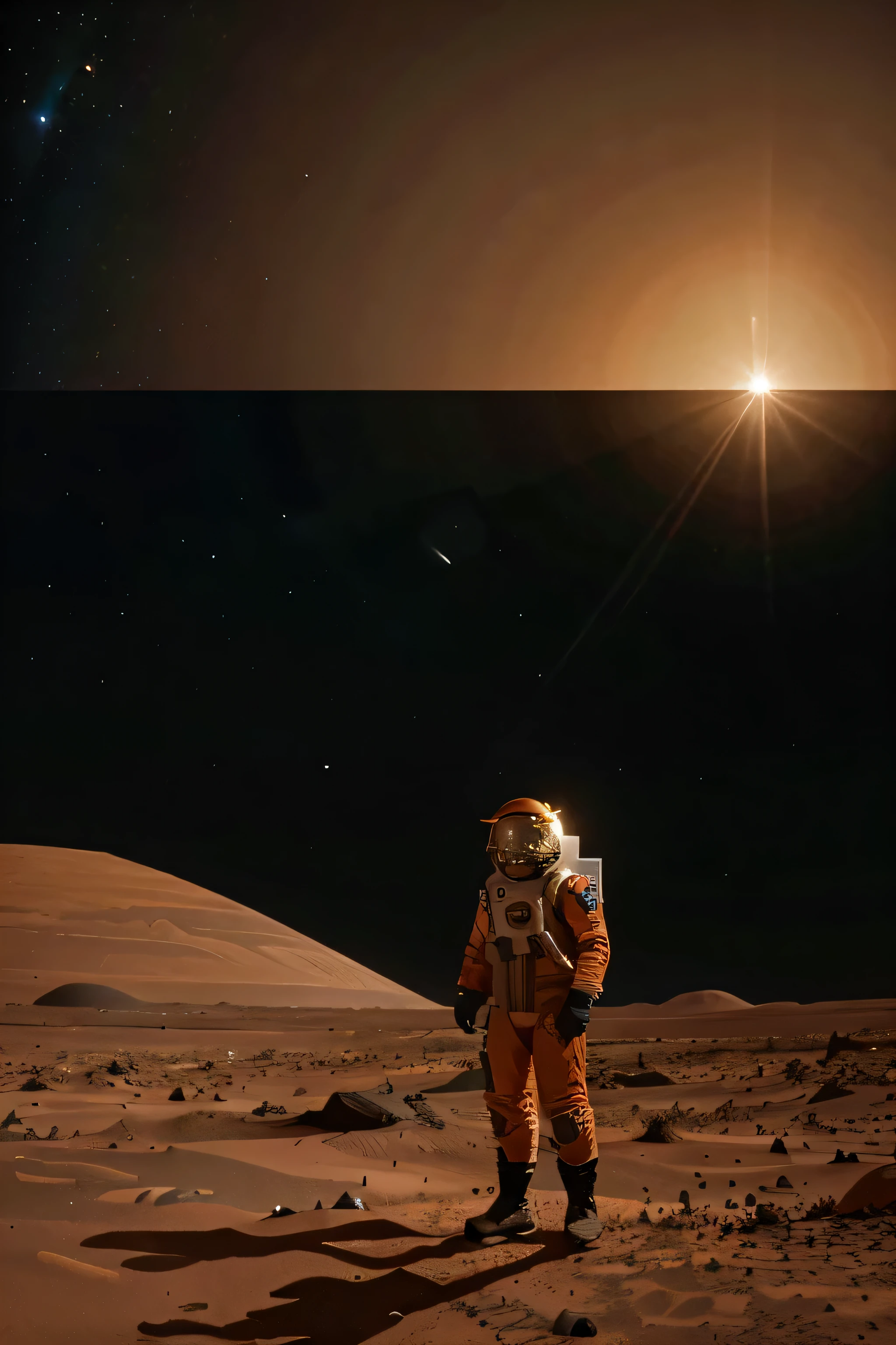 Erstellen Sie ein Bild eines Menschen, who stands in front of his small home on the surface of Mars. Im Hintergrund sieht man die Marslandschaft.Er wurde auf dem Mars geboren, is Mohamad Khan and is 18 years old. Er ist Muslim und hat einen kurzen Bart und Schnurrbart. He wears an orange spacesuit. Er lebt im Jahr 2124