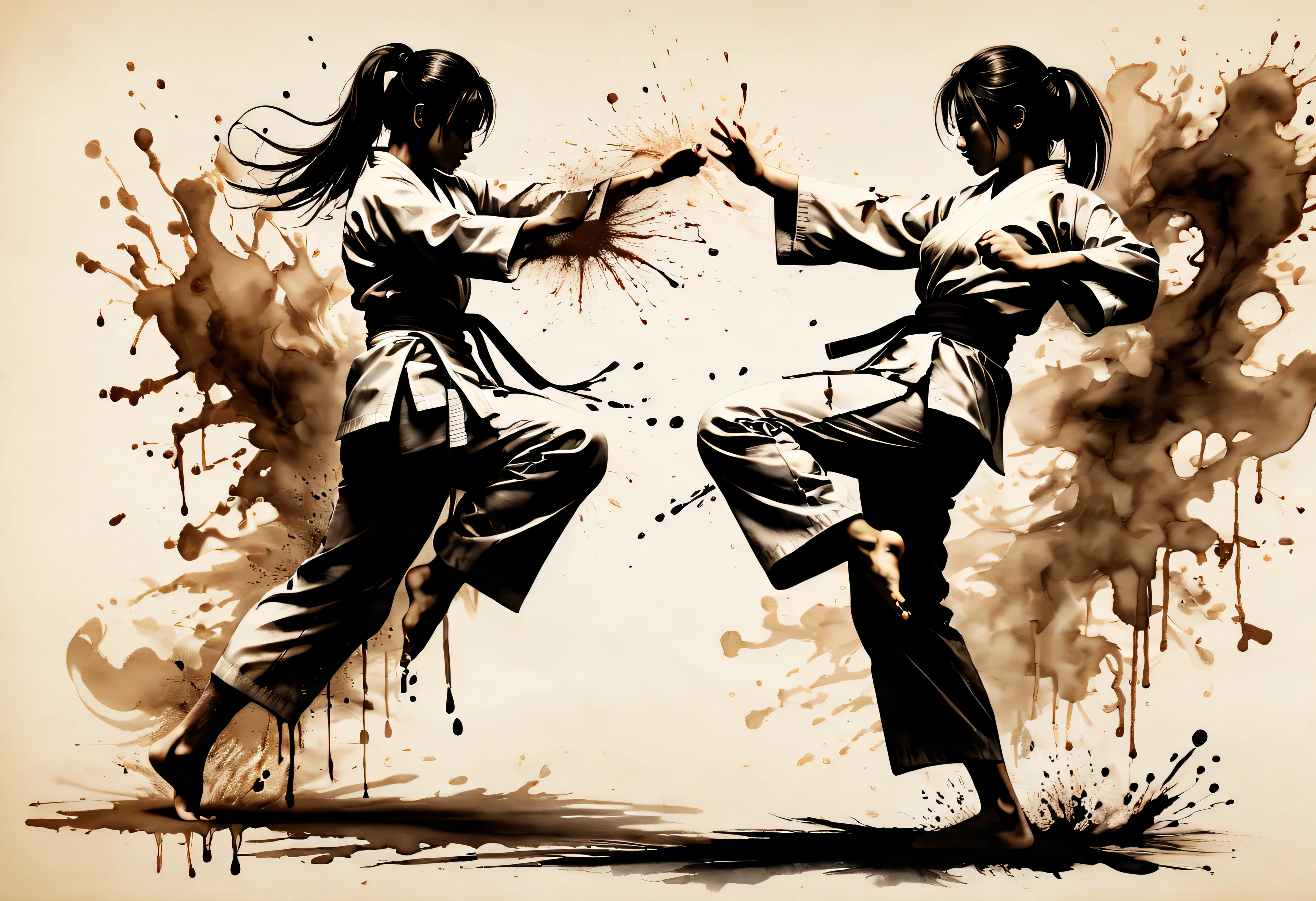 ((Violent_expression:1.2), ((Karate Kumite):1.5), ((2 Female):1.3) ((Female Karate):1.2), ((Hourglass_figure):1.1). ((Trading blows):1.3), | Outlined in black ink, the figure is depicted with smooth lines, expressing emotions and posture through the contrast of ink density. The background is minimalist, emphasizing light, shadow, and spatial perception.