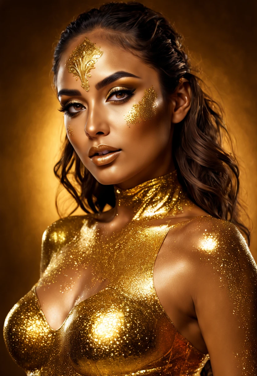 zebra gold print body paint on a woman's body and chest, golf jewelrybon vhole body, photorealism 8 k, white skin, pale skin, white female android, white skin, pale skin, naked, topless, jungle above, dark curly hair, big puffy breasts, cgsociety inspired, cinematic goddess body shot, deviantart artstation cgscosiety, trending on artstation 4k, glossy skin, trendin on artstation, afrofuturistic, trending in artstation, digital concept art, cgsociety 8k