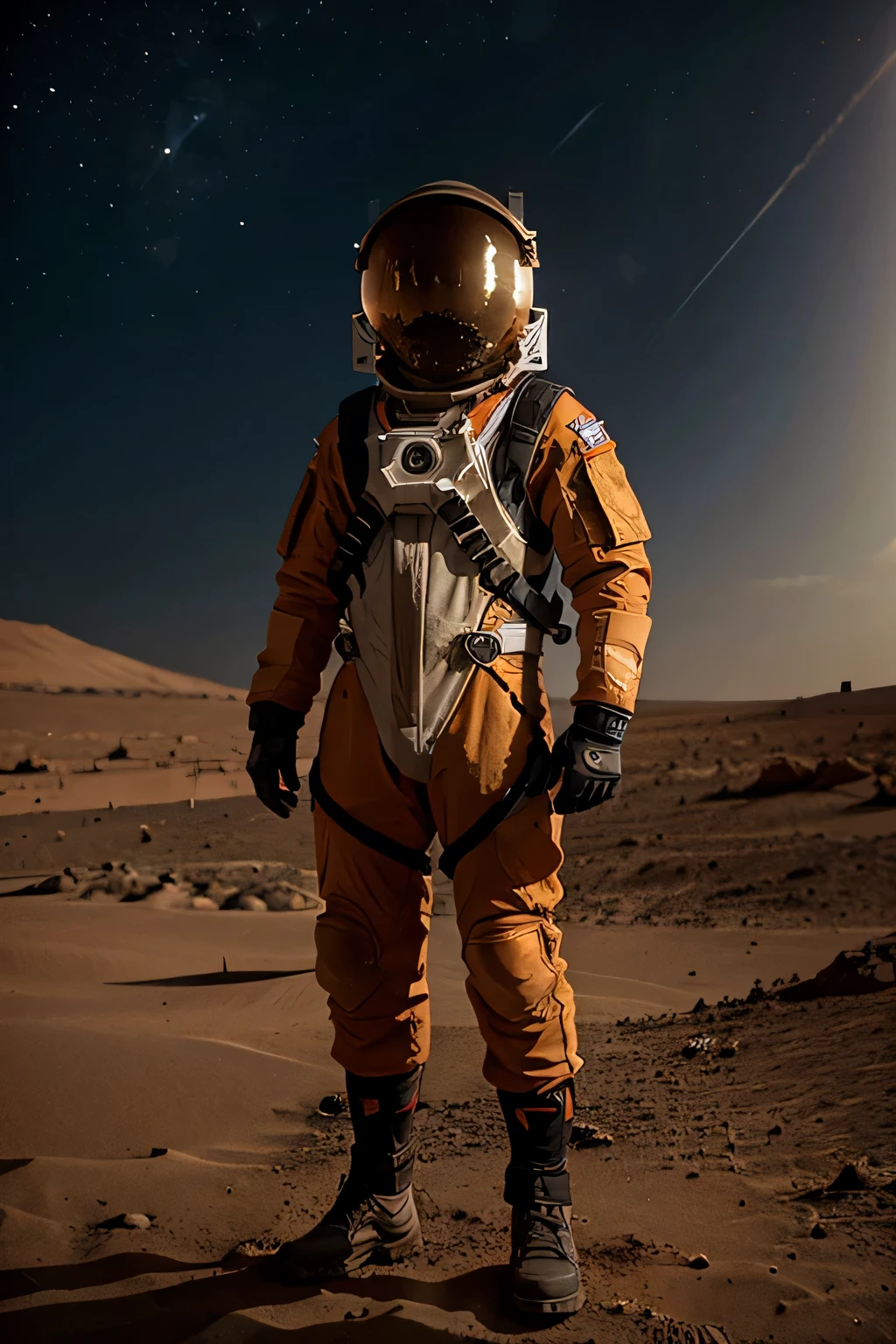 Erstellen Sie ein Bild eines Menschen, who stands in front of his small home on the surface of Mars. Im Hintergrund sieht man die Marslandschaft.Er wurde auf dem Mars geboren, is Mohamad Khan and is 18 years old. Er ist Muslim und hat einen kurzen Bart und Schnurrbart. He wears an orange spacesuit, which is airtight and has a small display with important information. Sein Helm ist offen. Und seine Kleidung und sein Helm sind staubig vom Marsstaub. Er lebt im Jahr 2124