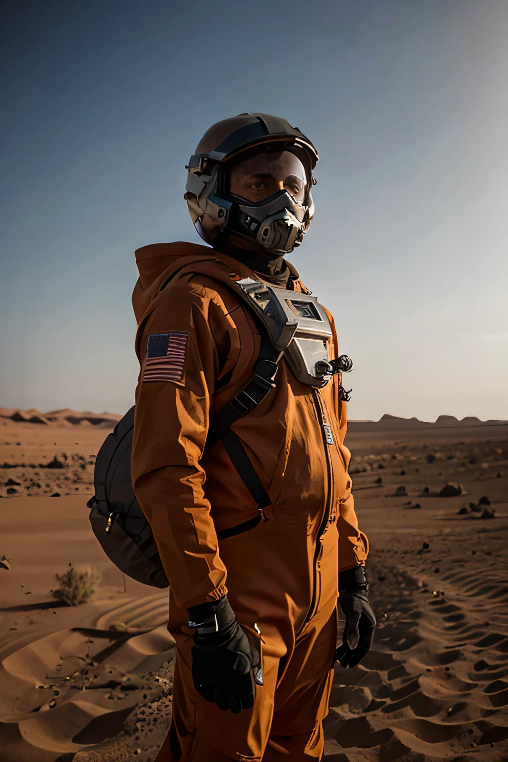 Erstellen Sie ein Bild eines Menschen, who stands in front of his small home on the surface of Mars. Im Hintergrund sieht man die Marslandschaft.Er wurde auf dem Mars geboren, is Mohamad Khan and is 18 years old. Er ist Muslim und hat einen kurzen Bart und Schnurrbart. He wears an orange spacesuit, which is airtight and has a small display with important information. Sein Helm ist offen. Und seine Kleidung und sein Helm sind staubig vom Marsstaub. Er lebt im Jahr 2124