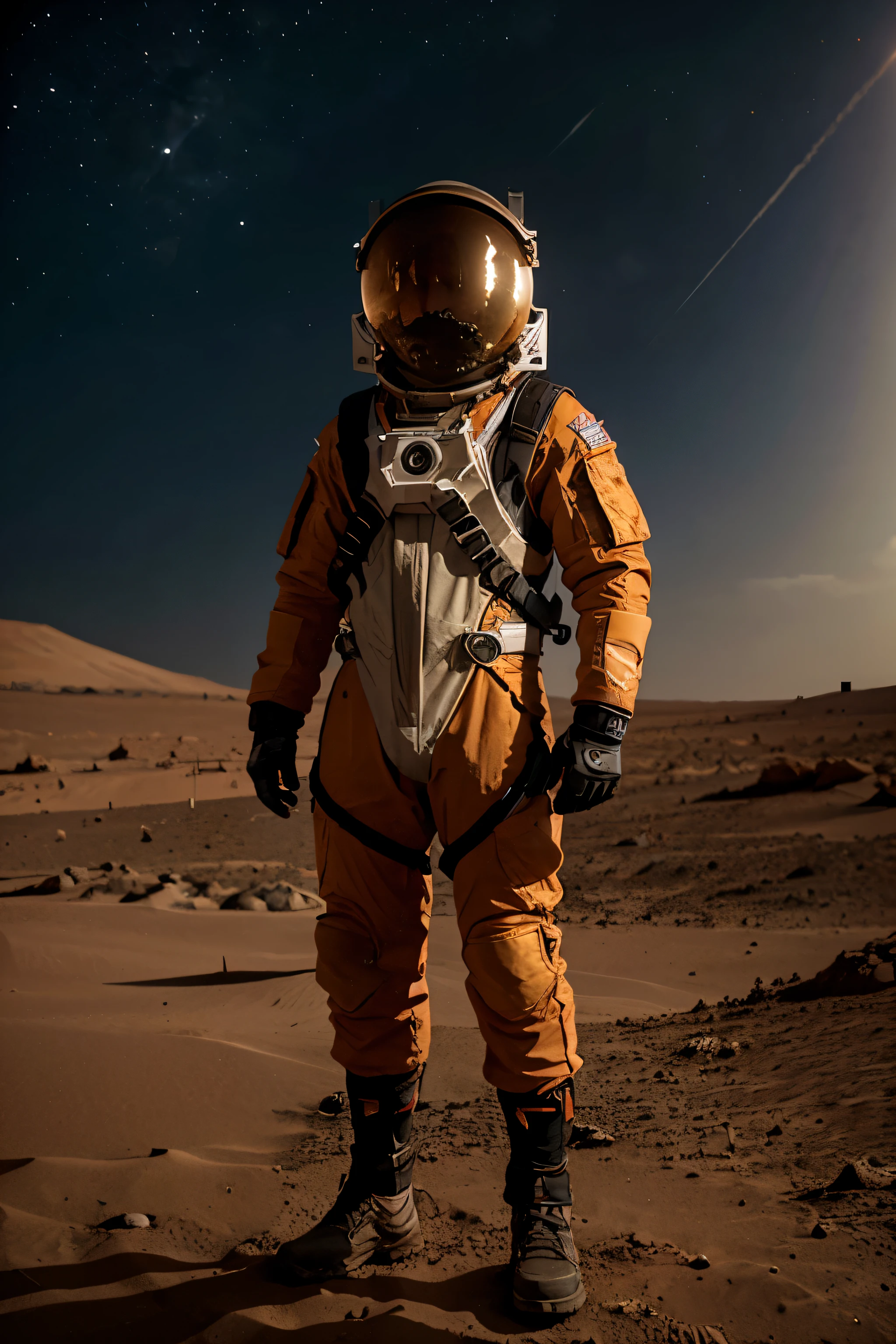 Erstellen Sie ein Bild eines Menschen, who stands in front of his small home on the surface of Mars. Im Hintergrund sieht man die Marslandschaft.Er wurde auf dem Mars geboren, is Mohamad Khan and is 18 years old. Er ist Muslim und hat einen kurzen Bart und Schnurrbart. He wears an orange spacesuit, which is airtight and has a small display with important information. Sein Helm ist offen. Und seine Kleidung und sein Helm sind staubig vom Marsstaub. Er lebt im Jahr 2124