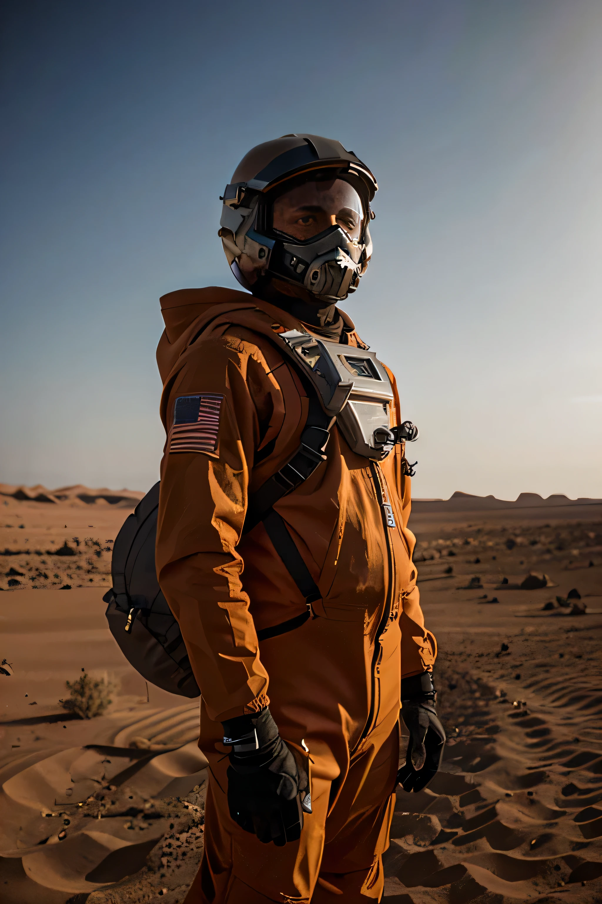 Erstellen Sie ein Bild eines Menschen, who stands in front of his small home on the surface of Mars. Im Hintergrund sieht man die Marslandschaft.Er wurde auf dem Mars geboren, is Mohamad Khan and is 18 years old. Er ist Muslim und hat einen kurzen Bart und Schnurrbart. He wears an orange spacesuit, which is airtight and has a small display with important information. Sein Helm ist offen. Und seine Kleidung und sein Helm sind staubig vom Marsstaub. Er lebt im Jahr 2124