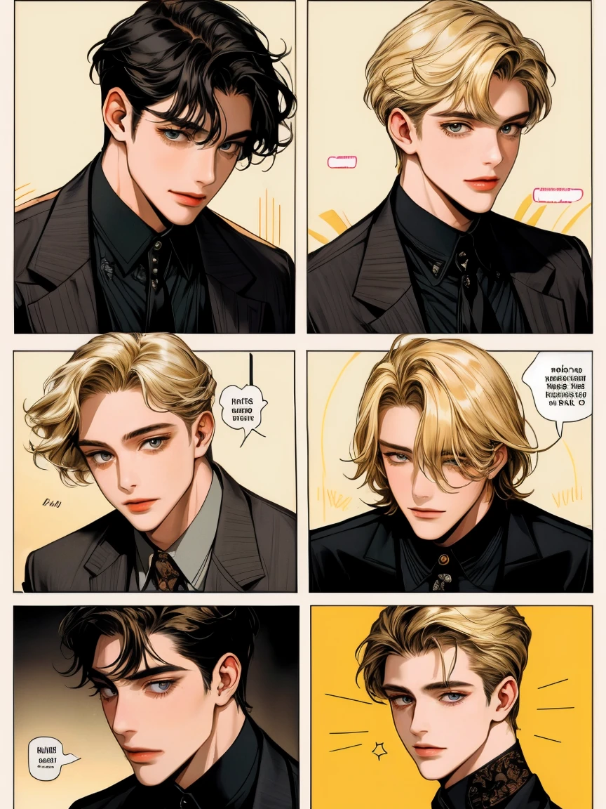 masterpiece, collage of two men, blond hair, black hair, sensual