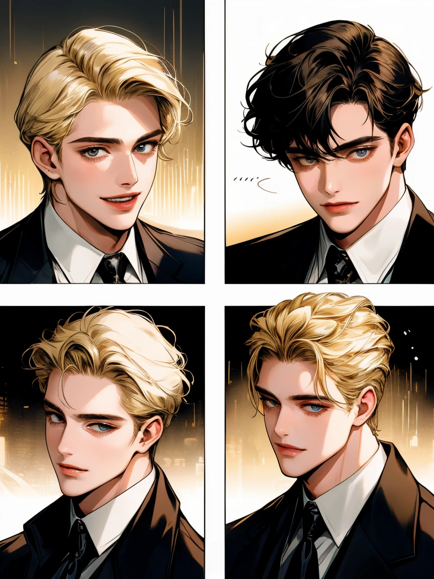 masterpiece, collage of two men talking, blond hair, black hair, happy