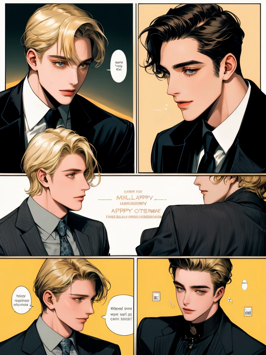 masterpiece, collage of two men talking, blond hair, black hair, happy